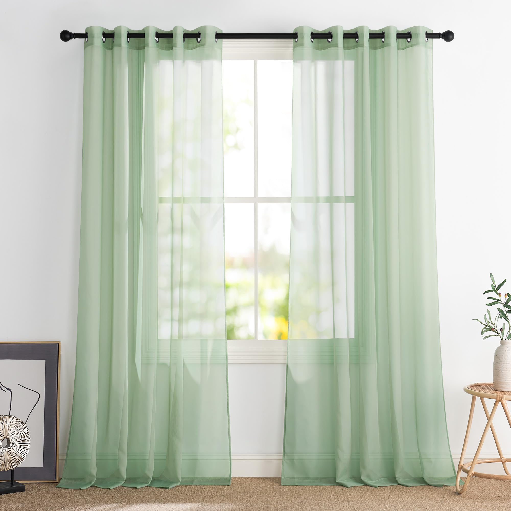 PONY DANCE Mint Green Voile Curtains 90 Drop Pair, Semi Transparent Sheer Curtains for Bedroom/Living Room/Patio Door Super Soft Privacy Protected Window Treatment Eyelet, Set of 2, 54 x 90 inches