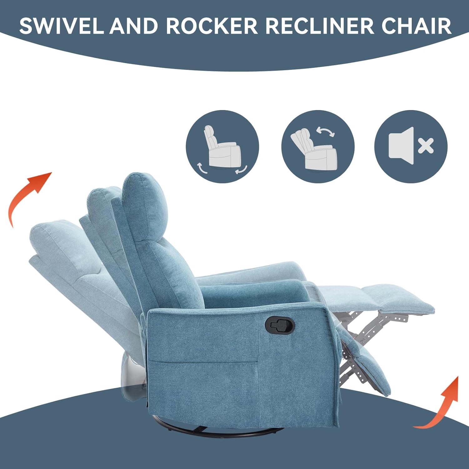 Heat Massage Manual Recliner Chair with Rocker & 360° Swivel, Fabric Upholstered Reclining Armchair with Lumbar Heating, Vibration Massage, Cushion Back, Heavy-Duty Frame for Living Room (Blue)