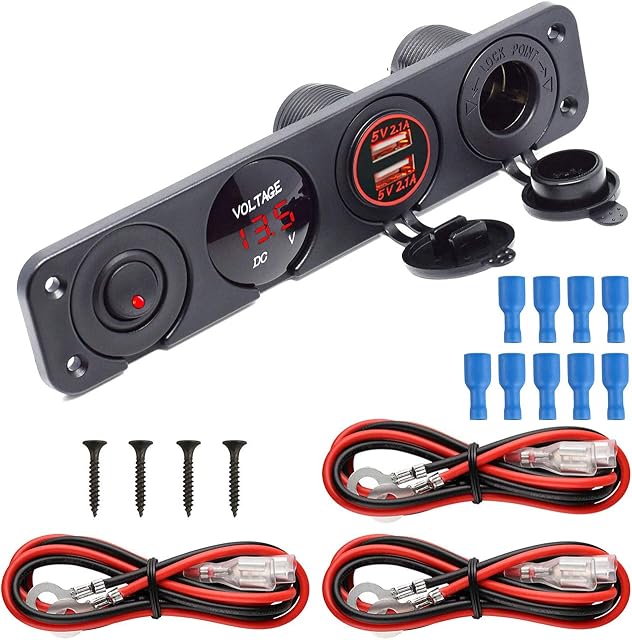 Dual USB Socket Charger Switch Panel - LED Voltmeter, 12V Power Outlet, ON-OFF Toggle Switch 4 in 1 Panel for Truck Trailer Camper Motorhome Marine Car Boat Mobiles (Red)