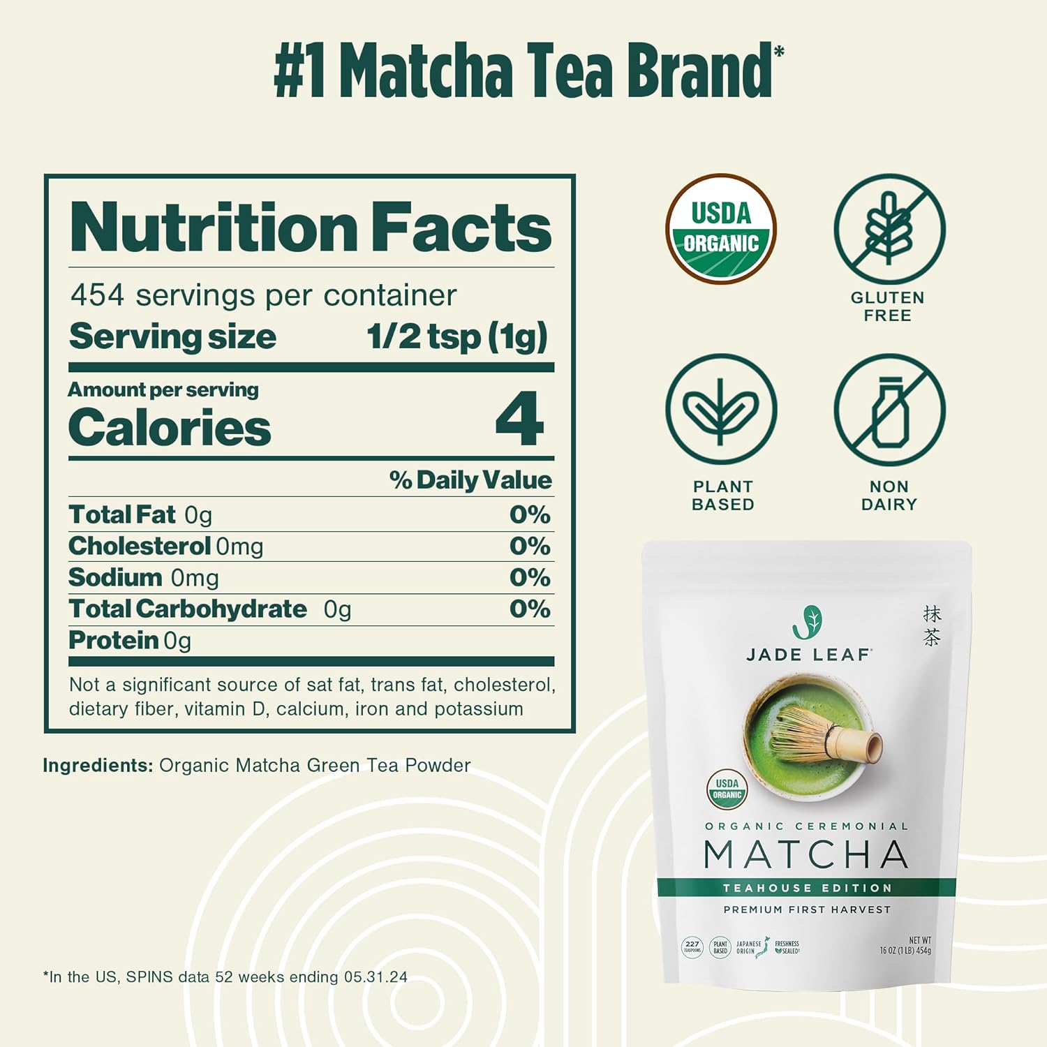 Jade Leaf Matcha Organic Ceremonial Grade Matcha Green Tea Powder - 100% Pure Japanese First Harvest Green Tea for Ceremonies, Usucha, Lattes 454g / 16 Ounce Bulk Pouch (Pack of 1)