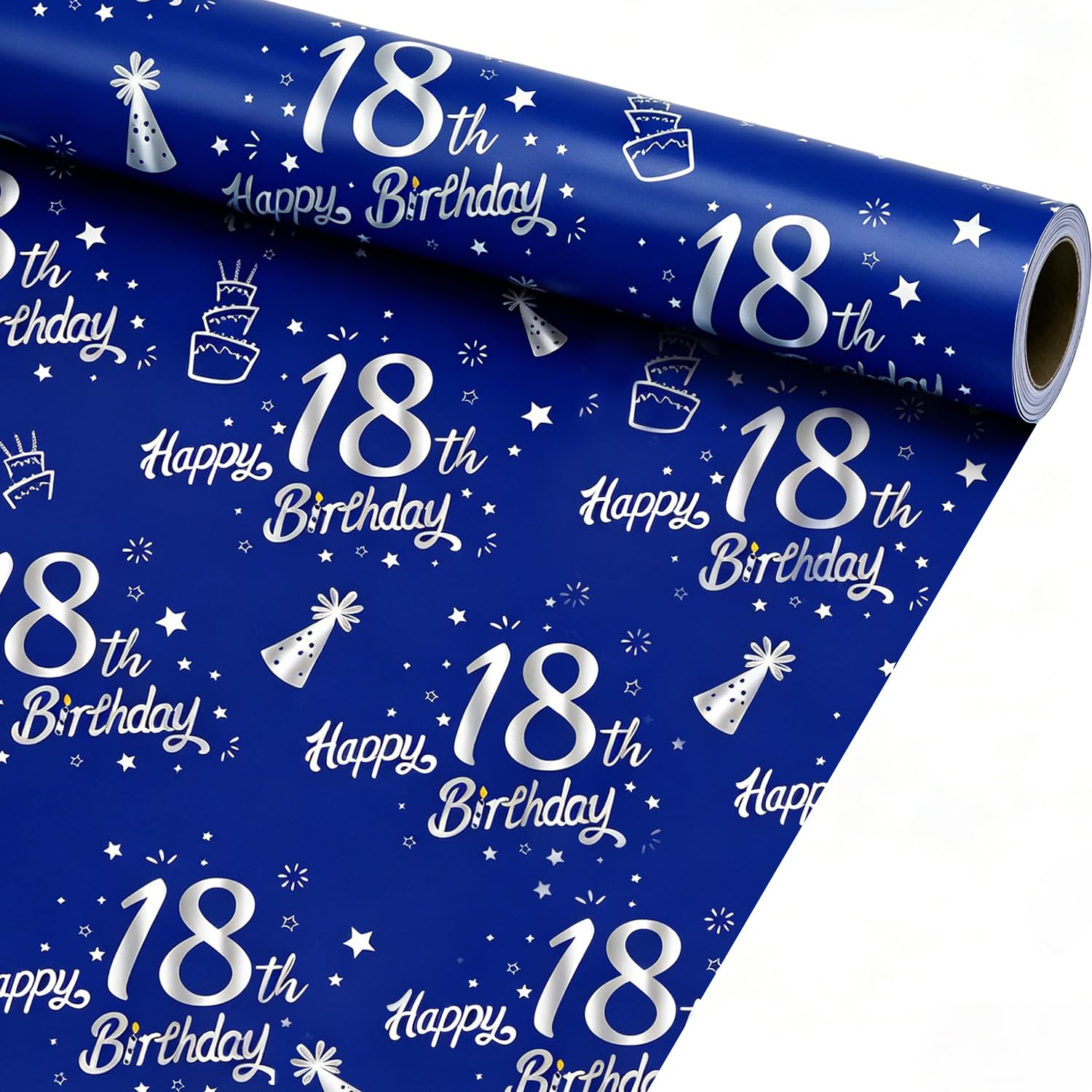 Topeedy Navy Blue 18th Birthday Wrapping Paper, 43cm x 5m Recyclable Silver 18th Happy Birthday Gift Paper Mini Roll Perfect for Boy Girls Present and Party Decorations