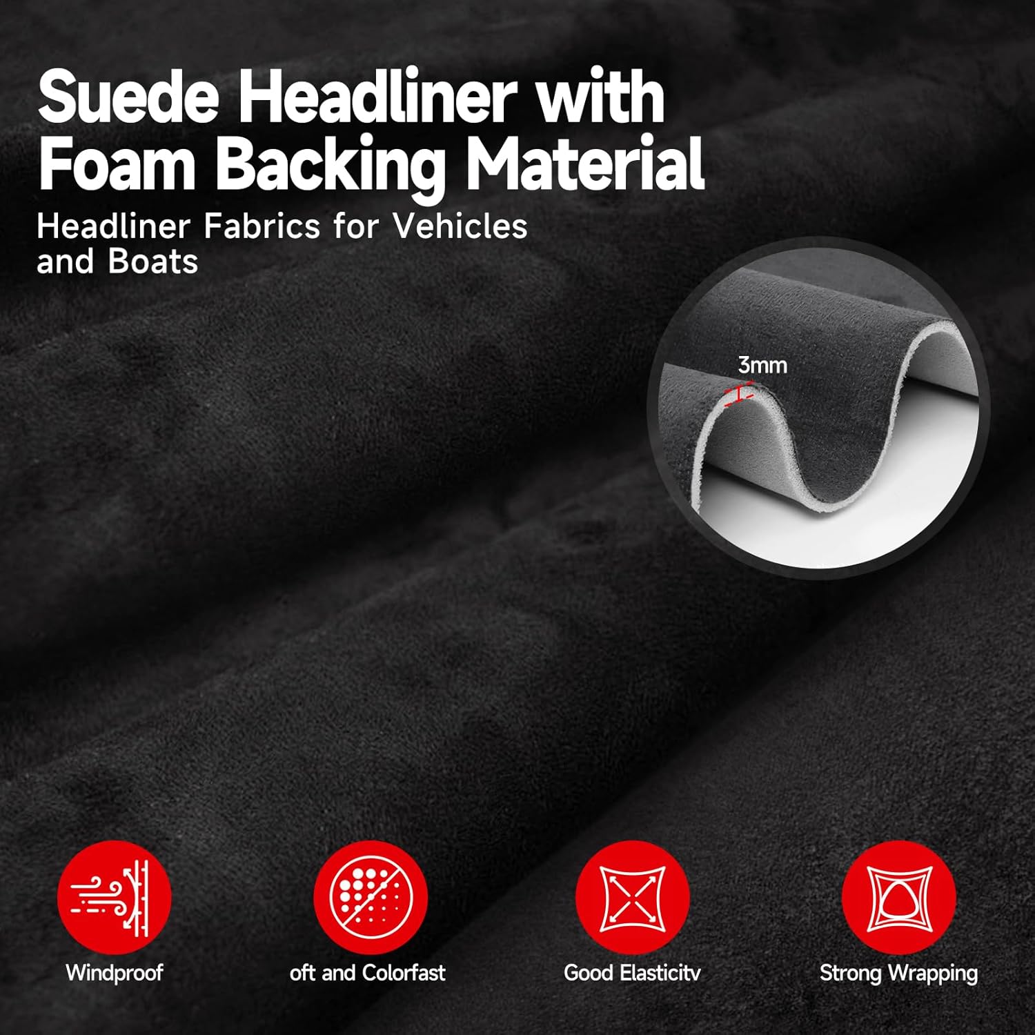 Suede Auto Headliner Fabric 96" L × 60" W with Foam Backing - Black Interior Replacement Material for Car/Truck/SUV/RV Roof, Tube Packaging - Home Repair/DIY Headliner Material