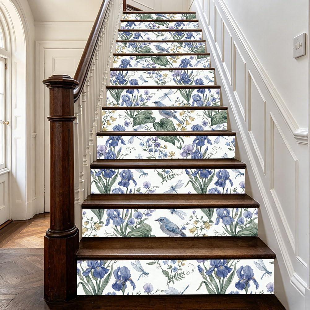 TNKBREEZE 15 Strips Vintage Flower Stair Stickers Bird Peel and Stick Vinyl Stair Riser Decals Removable PVC Art Backsplash Tile Decals for Steps Staircase Murals Decals 39.37" W × 7.09" H
