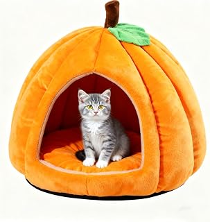 Halloween Cat Bed, 2025 Pumpkin Cute Shape Cave Bed Tent with Removable Cushion, Warm Nest Sleeping Puppy House for Cats Small Dogs