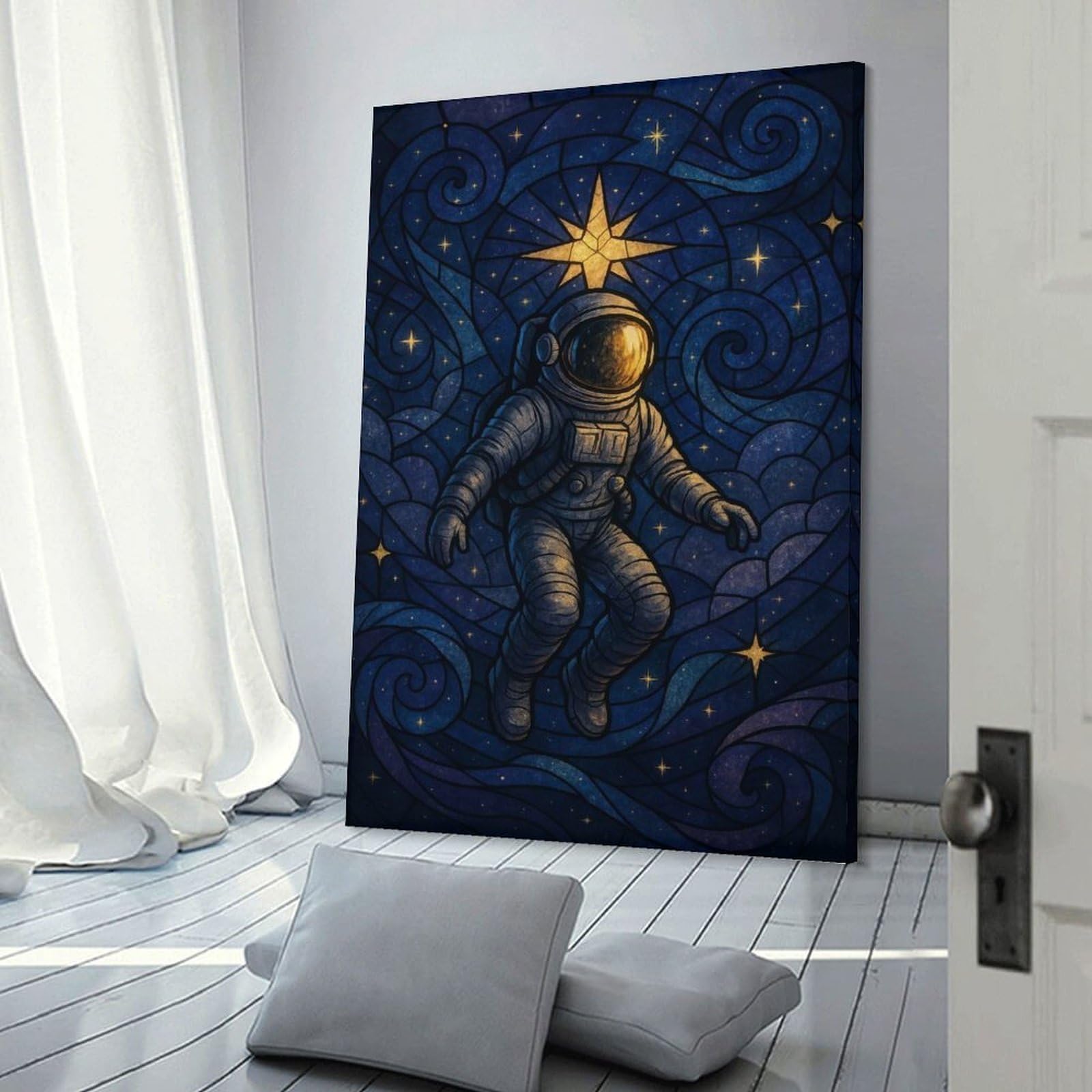 Junmoney Frame-Style-15 Astronaut In Space Stained Glass Style Canvas Wall Decor 24X36inch(60X90cm), For Small Homes, Bedrooms Or Open Spaces, Stylish Wall Art For Fresh Spaces