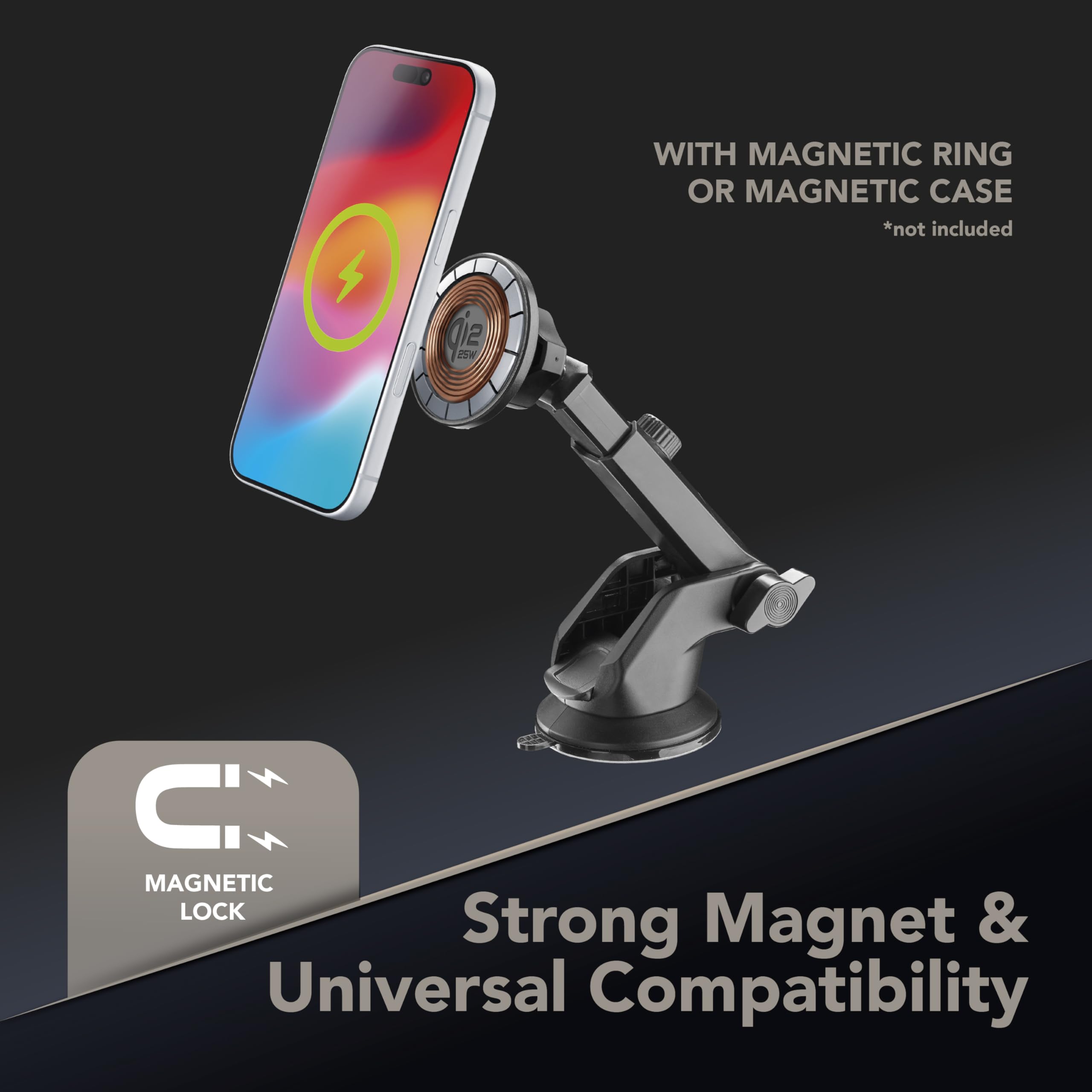 Cellularline mag Holder Soporte para Coche con Carga Inalámbrica 25W – con Nueva Tecnología Qi2.2 – Fijación Magnética Potente, Negro