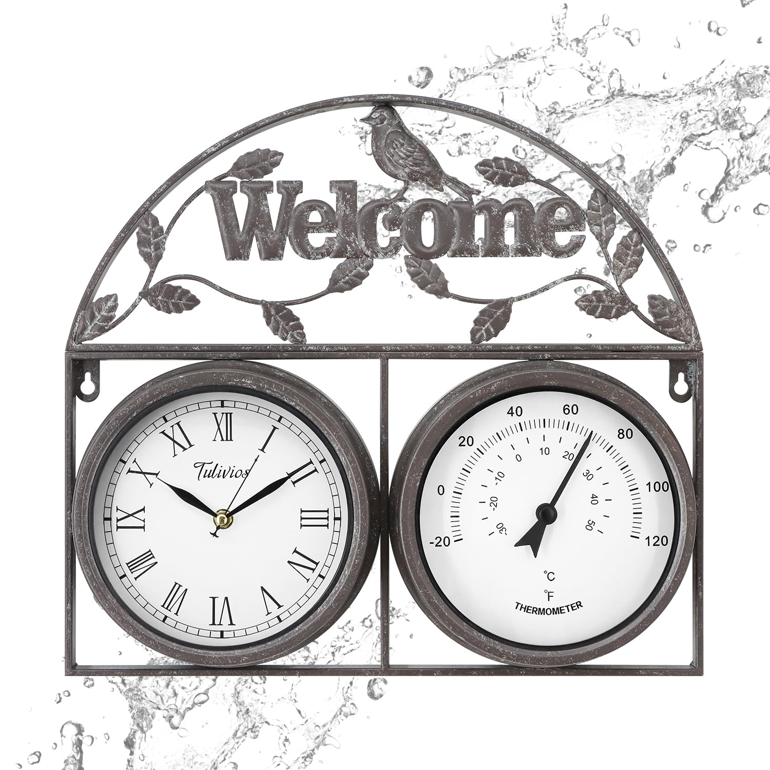 Tulivios 17Inch Large Outdoor Clock,Waterproof Wall Clock with Thermometer,Weatherproof Non-Ticking Quartz Battery Operated Decor Clock for Patio,