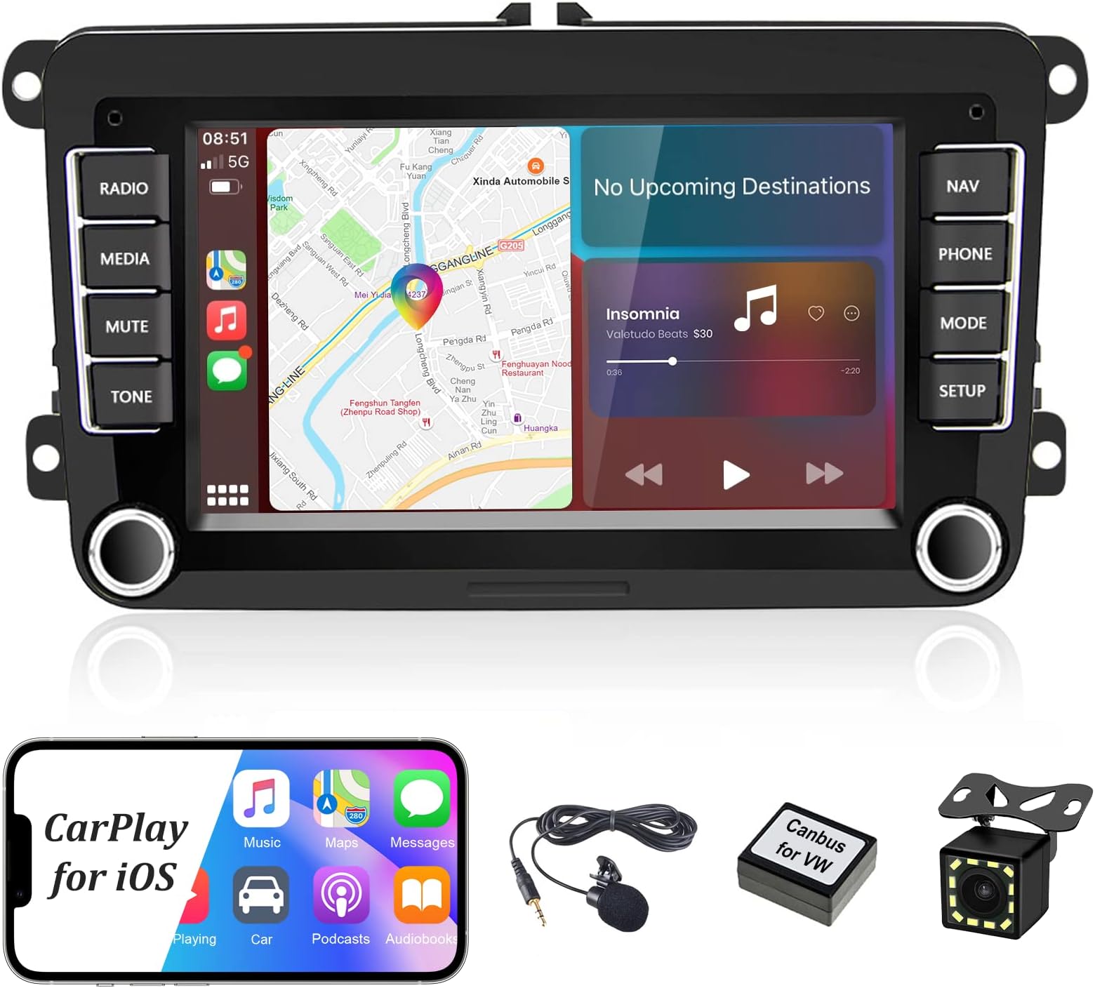 Android 10 Car Stereo with Apple Carplay for VW Jetta Beetle Tiguan Passat Golf Polo Seat Skoda Octavia, 7 Inch Touch Screen Car Radio with Bluetooth, Backup Camera, GPS, Wifi, FM