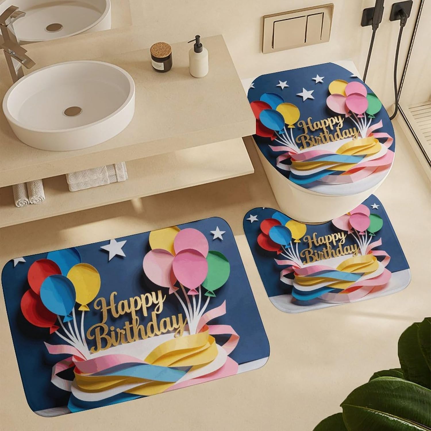 Happy Birthday BalloonNon-Slip Bath Rug Set 4 Set