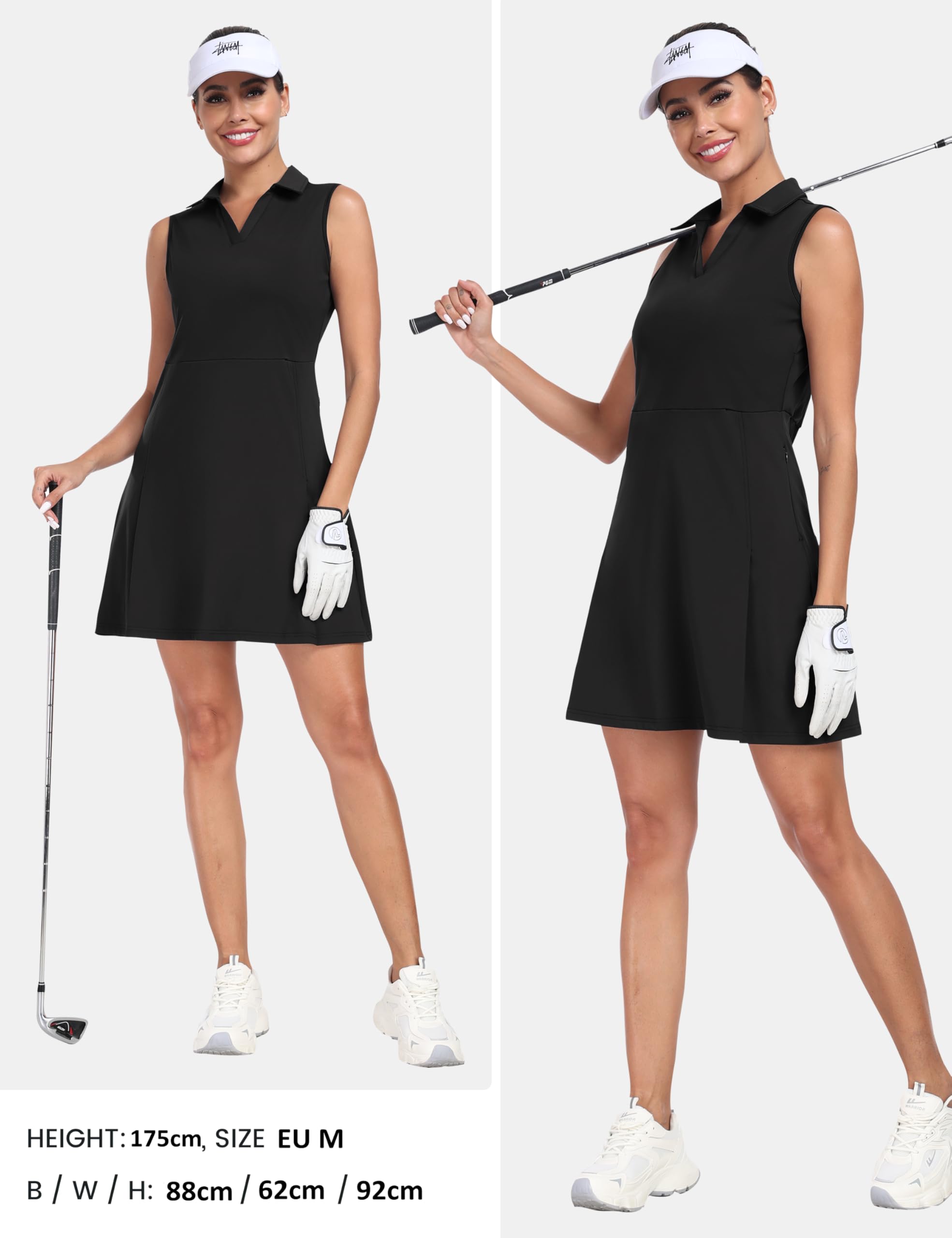 MoFiz Tenniskleid mit Hose Damen Ärmellos V-Ausschnitt Sommer Golf Sportkleider Freizeitkleider Polokleid mit Reißverschlusstaschen