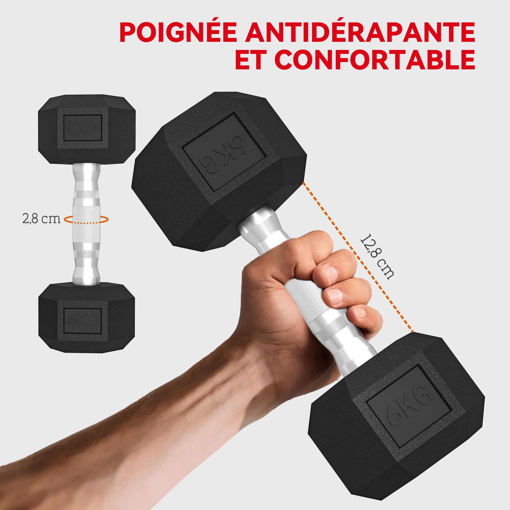 SPORTNOW Ensemble d'Haltères Hexagonaux avec Support, Haltères Revêtus de Caoutchouc, Poignées Antidérapantes en Chrome, Compact pour Salle de Sport à Domicile, 2 x 4 kg, 2 x 6 kg, 2 x 8 kg