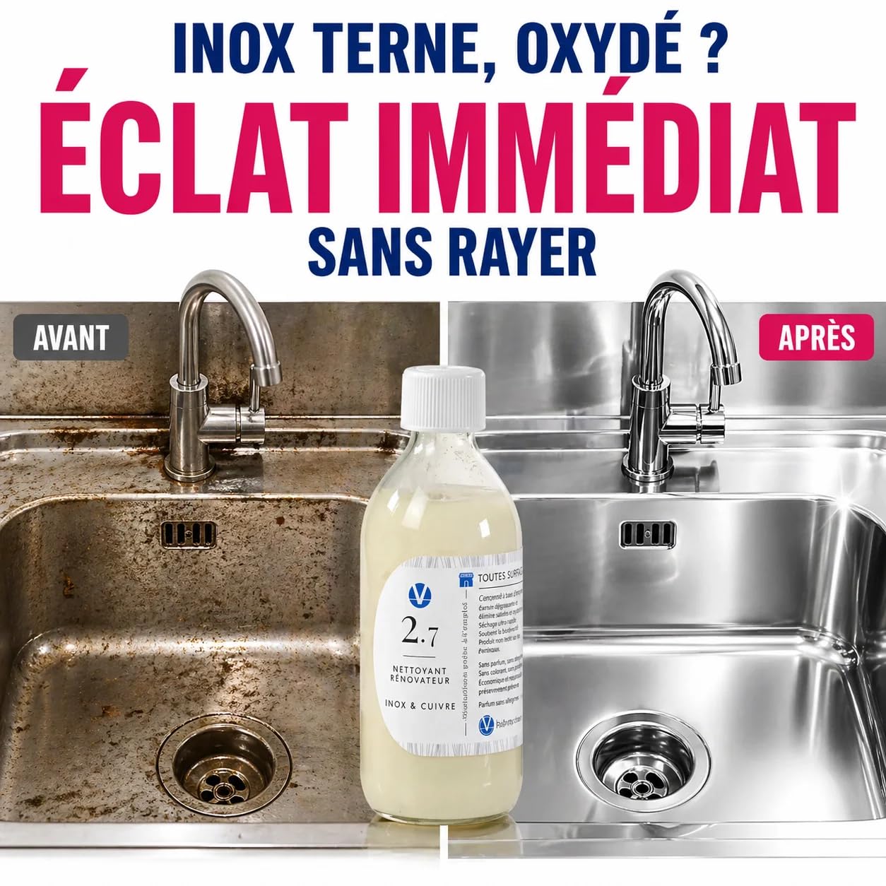 N°2.7 Rénovateur Inox Cuivre Concentré – 50 Utilisations Évier Cuisine | 0,58€/entretien, 1 à 2 ans d'utilisation, sans CMR ni perturbateurs endocriniens, sain pour animaux, fabriqué en France
