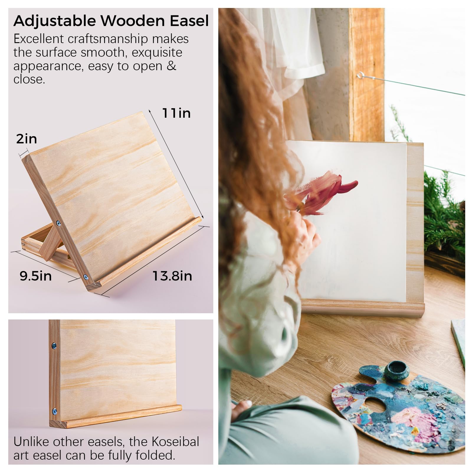 koseibal Caballete de arte para pintar, caballete de madera de mesa, caballete portátil de ángulo ajustable para lienzo, iPad, libro, exhibición de palabras de arte (paquete de 2)