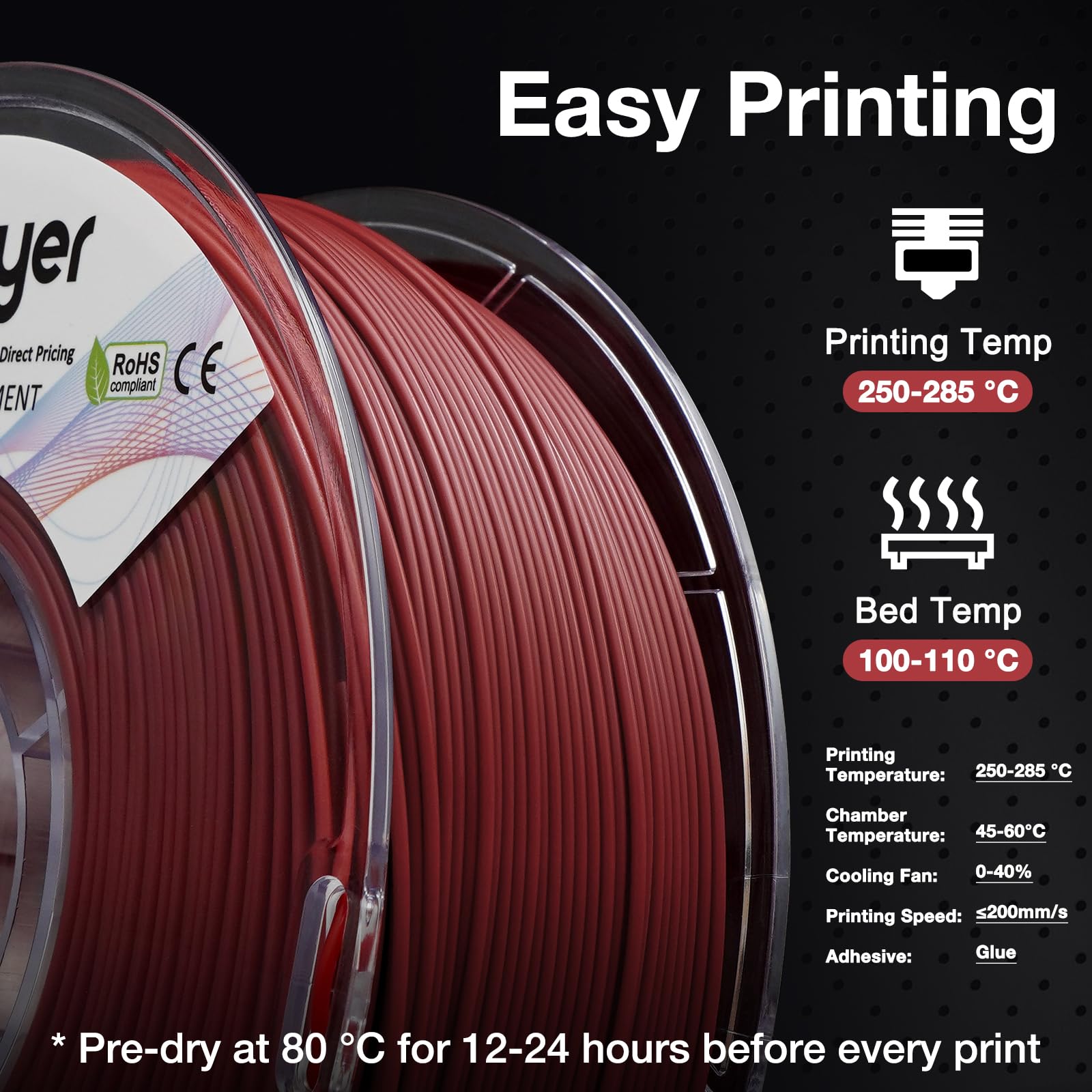 YXPOLYER Filament nylonowy PA6, 1 kg, z odporną na wysoką temperaturę szpulą kompatybilną z AMS, filament do drukowania 3D, szybki Easy PA, 1,75 mm