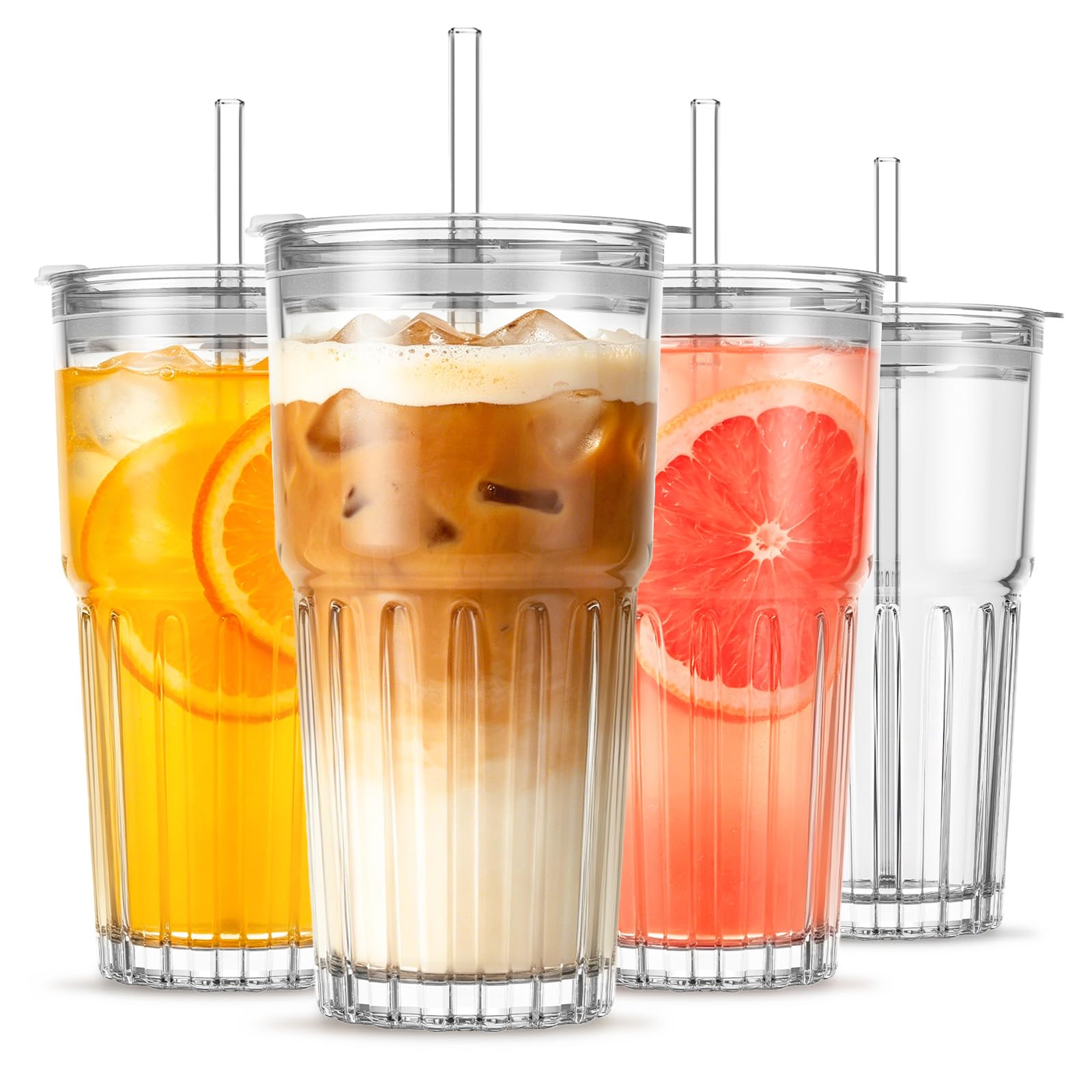 INSETLAN 600ml Modern Iced Coffee Cup, 4 Pack Leakproof Glass Tumbler with Lids and Straws, Smoothie Cup for Iced Latte, Smoothies, Matcha, Juice, Ideal for Home and Outdoor Use