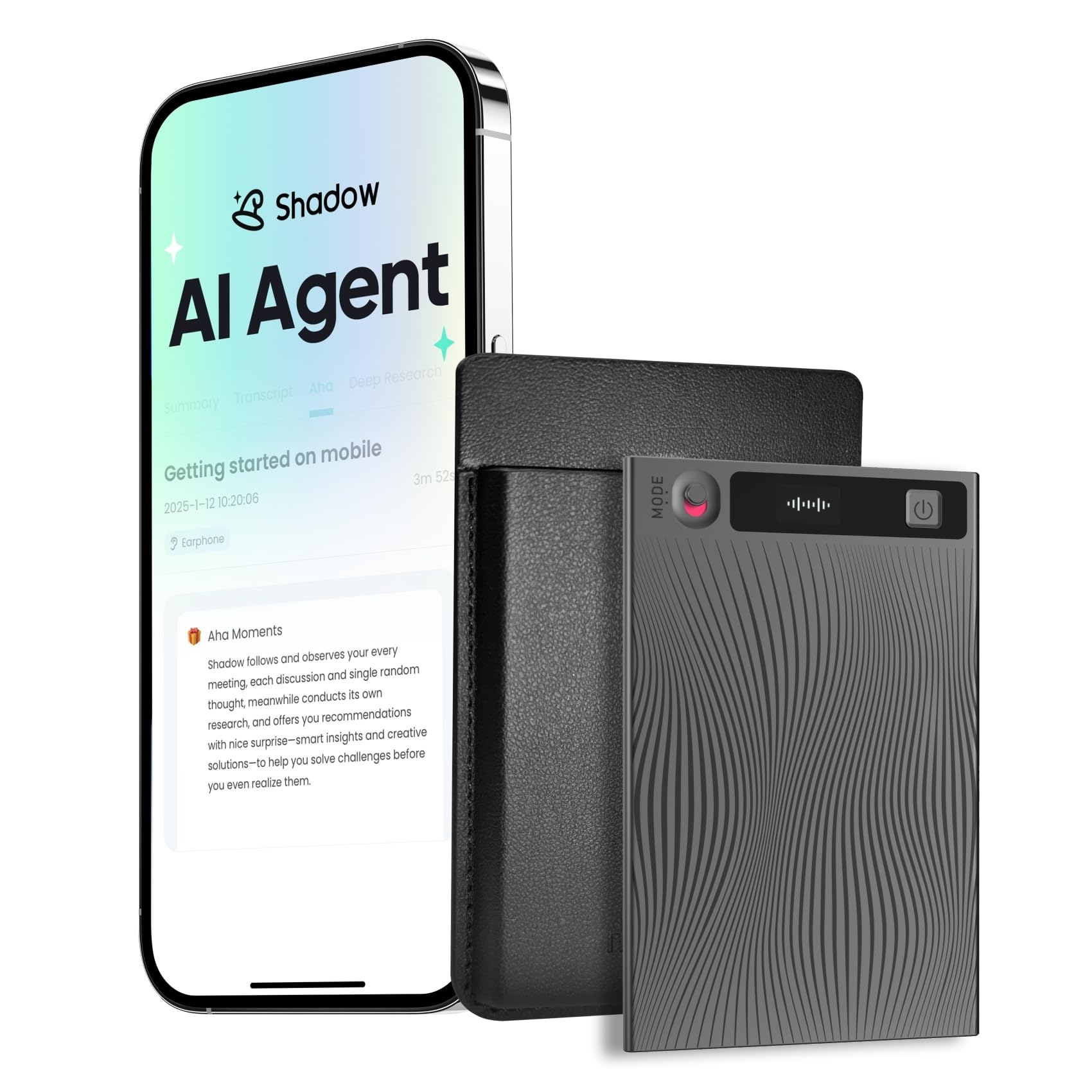 Mobvoi TicNote Registratori vocali digitali AI con Memoria da 64 GB, con Custodia, Controllo App, Oltre 100 Lingue, Trascrizione e Riepilogo con AI Shadow, Registratore Audio Digitale per Telefonate