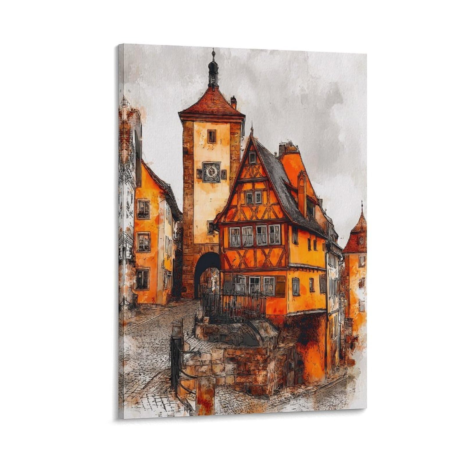 Cnaheiz Frame-Style Rottenburg Germany 24X36inch(60X90cm) Vintage Travel Poster Watercolor Canvas Art
