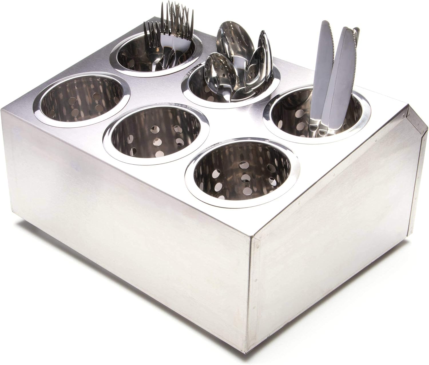Stainless Steel 6-Compartment Utensil Holder (6 Inserts Included) - Flatware Cylinder Storage Caddy & Cups for Kitchen, Bars, Coffee Shops, Restaurants, & Hotels - Drying Rack for Silverware