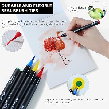 13.8x11.4 Adjustable Portable Pinewood Tabletop Easel for Painting, 60 Watercolor Pens Set Includes 52 Vivid Colors, Real Brush Tips Paint Markers Set with 4 Blender Pens