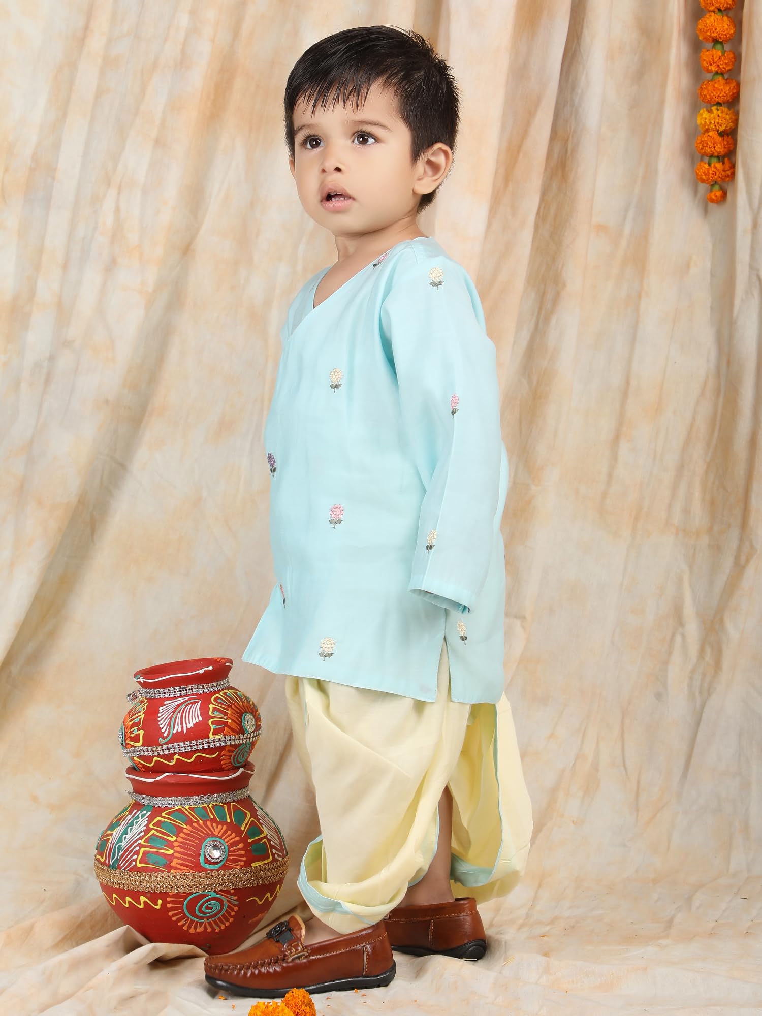 POLKA TOTS Elegant Traditional Dhoti Kurta Set for Baby Boys | Premium Cotton Ethnic Wear for Baby & Toddler Boy | Soft & Breathable Festive Outfit for Weddings (Blue Flower Embroidery, 0-3 M) 1