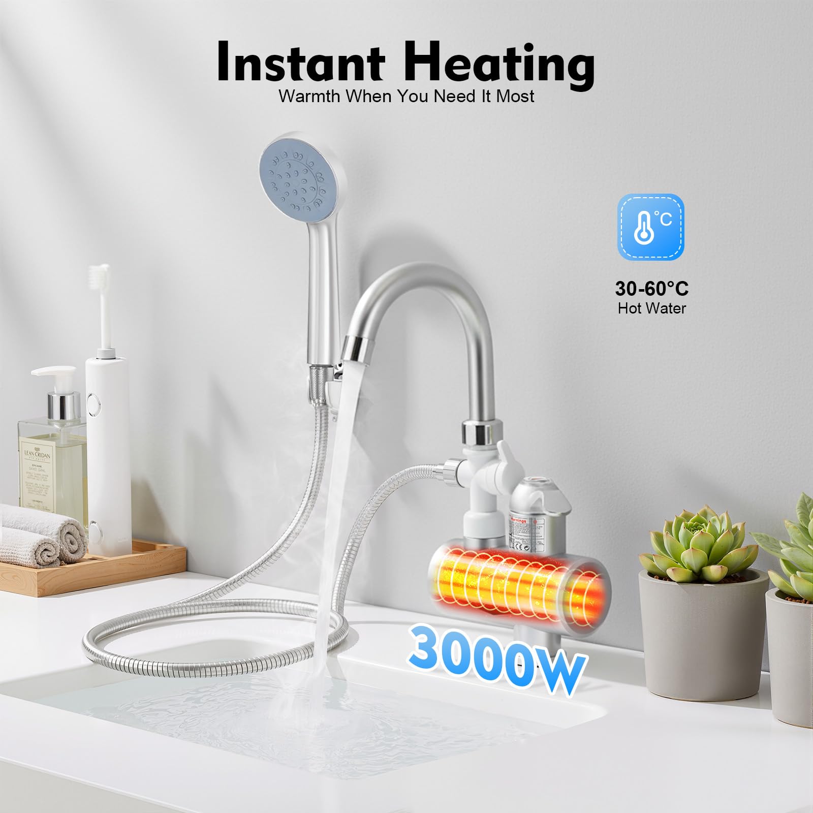 Elektrischer Durchlauferhitzer Wasserhahn 3000W mit LCD-Anzeige und Duschaufsatz, 360° drehbar, IPX4 wasserdicht, mehrfacher Überhitzungsschutz, zwei Installationsmöglichkeiten für Küche und Bad