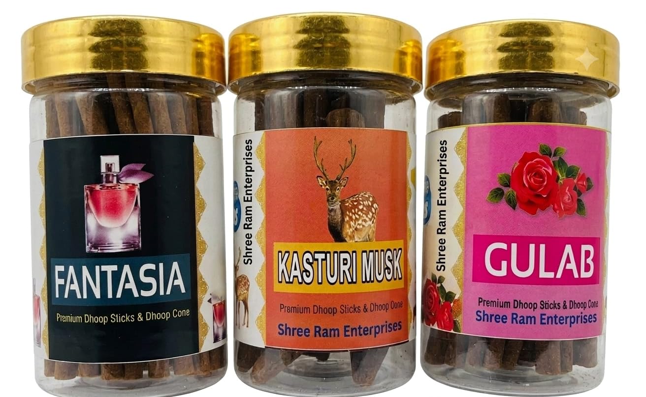 Shree Ram Enterprises Premium Dhoop Sticks & Dhoop Cones Combo Pack | Fantasia, Kasturi Musk & Gulab Fragrance | Long Lasting Aromatic Incense for Home, Office, Temple & Meditation | Assorted Pack-picture-21
