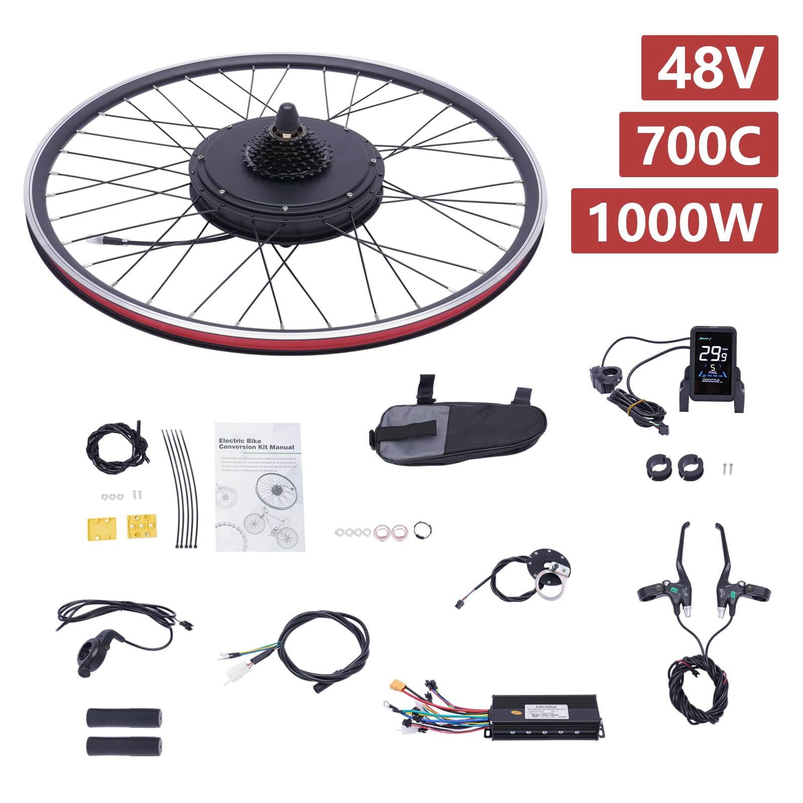 28" & 29" E-Bike Umbausatz 1000 Watt Fahrrad Motor Kit Elektro Hinterrads Brushless Nabenmotor Kits Electric Bike Conversion Kit mit LCD Display (für HL Plus 48V 13Ah Akku)