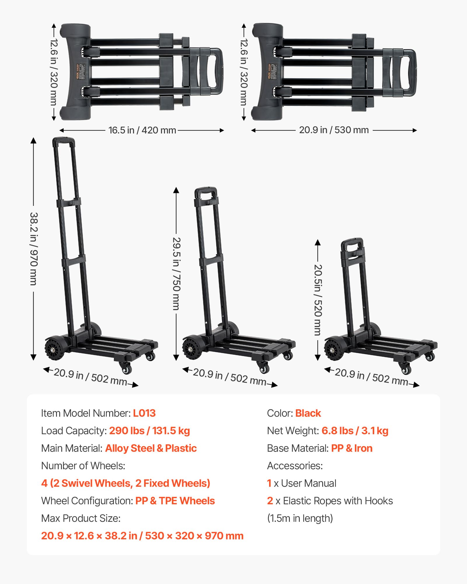 VEVOR Diable Pliant 4 Roues, Chariot à Bagages Pliable, Capacité de Charge 131,5 kg, 2 Cordes Élastiques, Base Extensible, Chariot Utilitaire pour Déménagement, Manutention, à l'Aéroport, Bureau, Noir