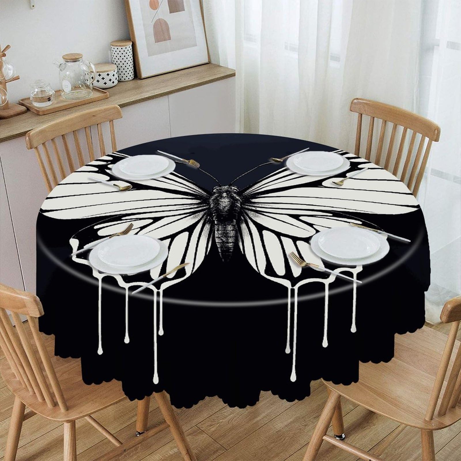 VstaDank A Black and White Butterfly Round Tablecloth 60 Inch Easy to Clean Circle Table Cover Thick Decorative Round Polyester Table Cloth for Dining Kitchen Party Farmhouse Outdoor