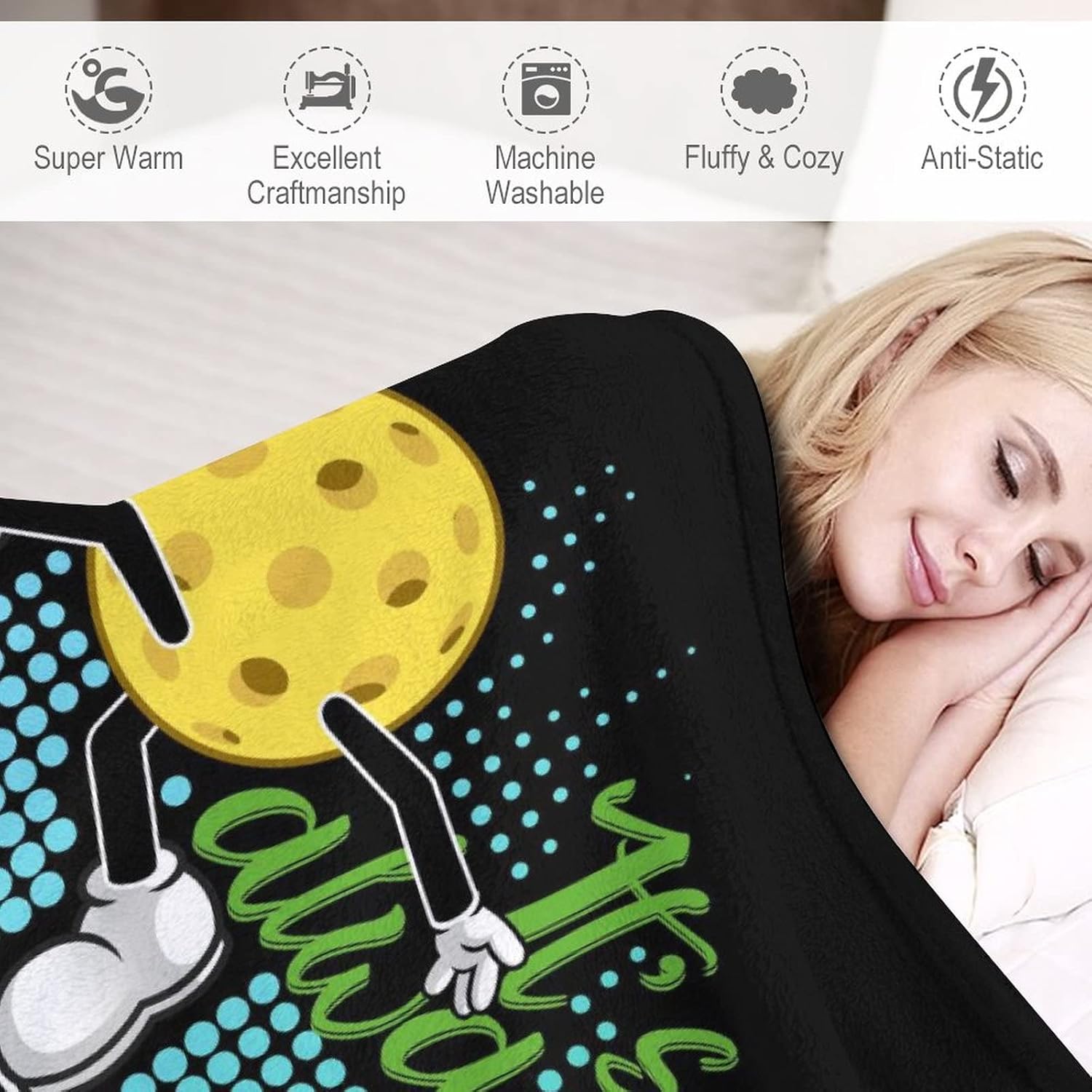 Personalized Pickleball Throw Blanket - Soft, Fuzzy & Warm - 60x80 Inches Twin Size Blanket for Bed, Couch - Black Cute Throw Gift for Girls, Women