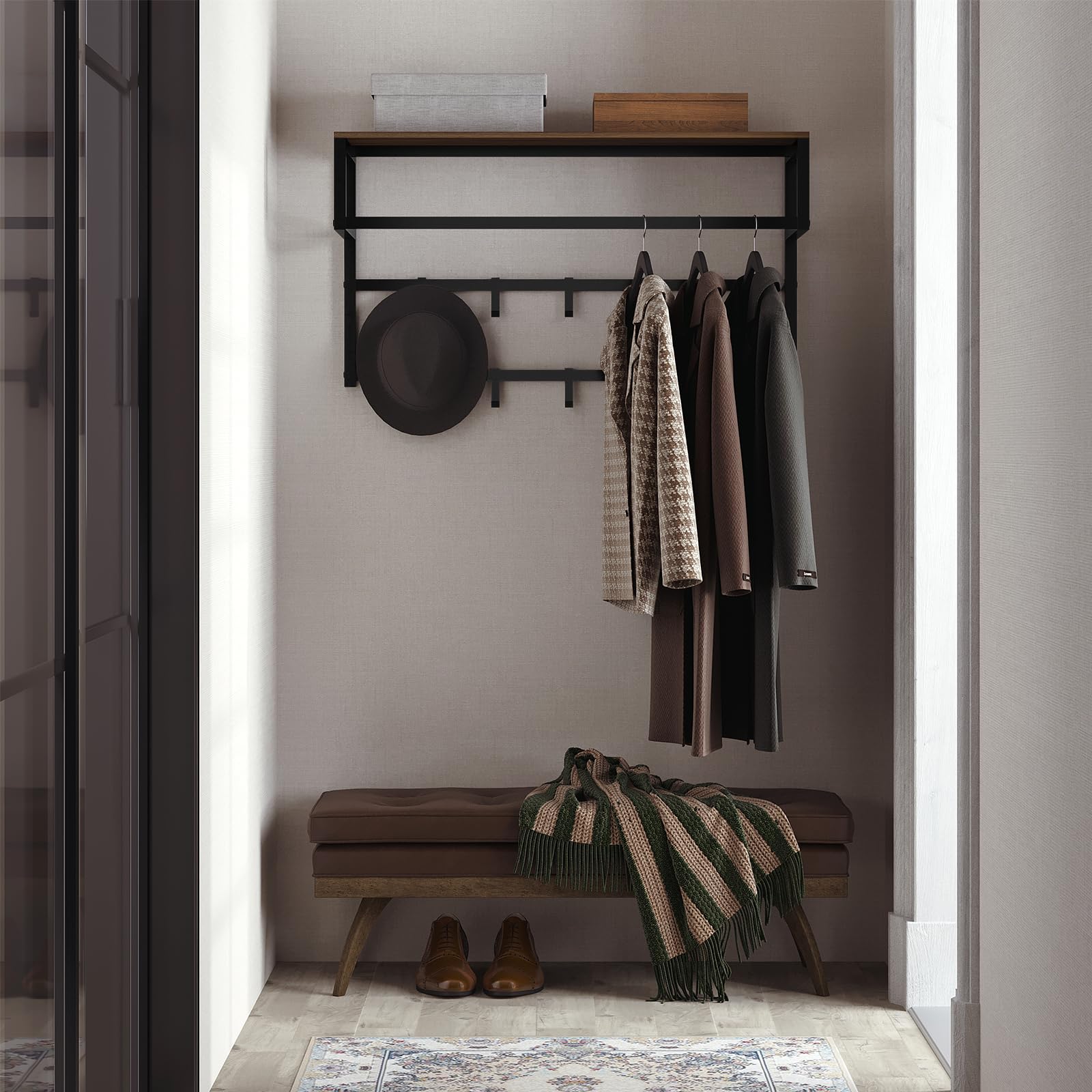 eSituro Appendiabiti Parete con Mensola, Attaccapanni da Muro con 10 Ganci, Portachiavi da Parete, Appendi Cappelli, per Ingresso, Corridoio, 80x30x41 cm, Nero+Venature Scure