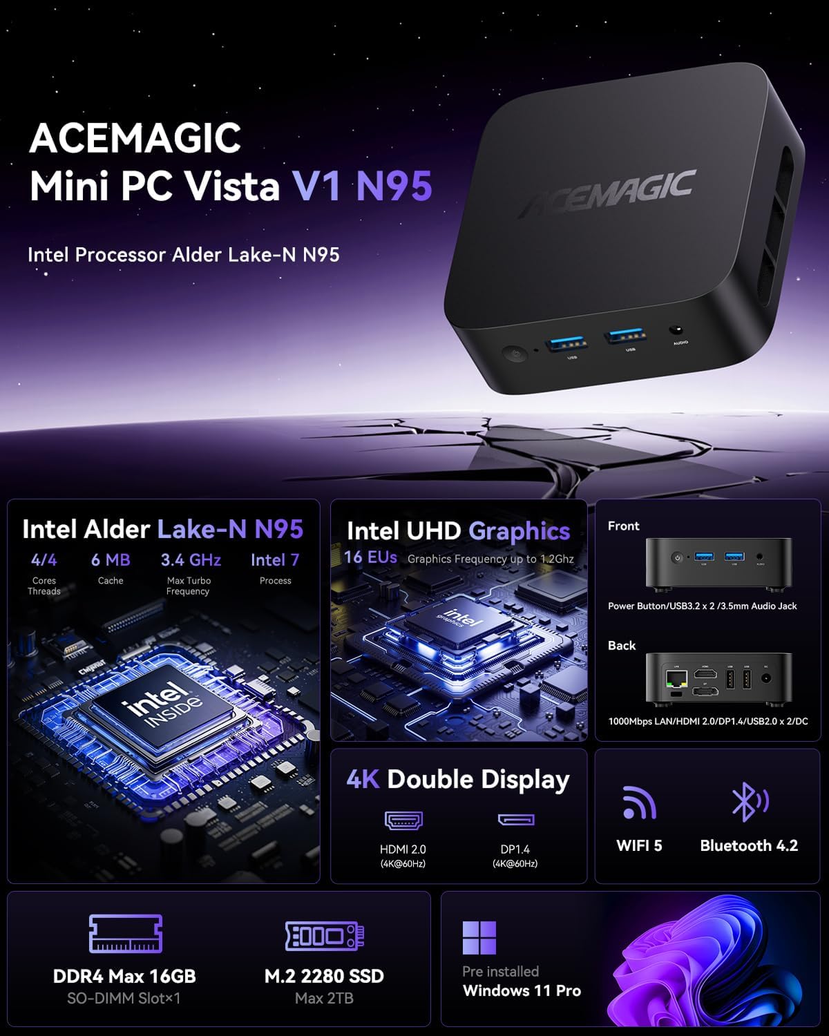 ACEMAGIC V1 Mini PC Ιntel N95 (up to 3.40GHz) 16GB DDR4 RAM 512GB Mini PC Win11 Pro, Mini Computer 4K Dual Display/HDMI/WiFi/BT/LAN -Home/Office Mini Desktop PC - Image 2