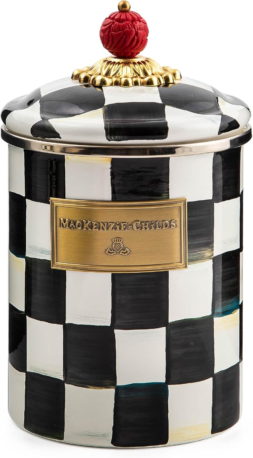 MACKENZIE-CHILDS Medium Enamel Canister, Kitchen Storage Container for Flour and Sugar, 1.42 Liters, Black-and-White Courtly Check