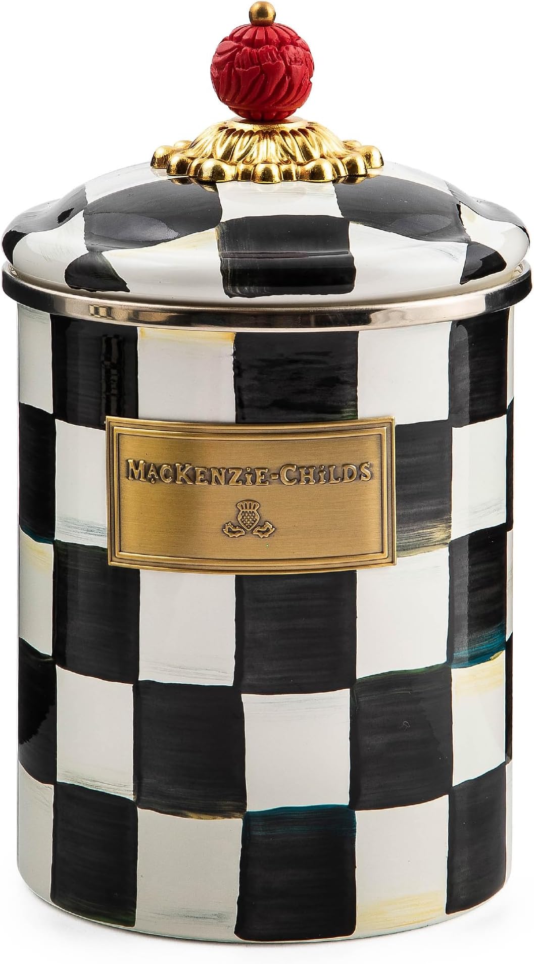 MACKENZIE-CHILDS Medium Enamel Canister Kitchen Storage Container for Flour and Sugar 1.42 Liter Black and White Coat Check