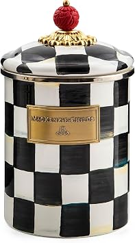 MACKENZIE-CHILDS Enamel Canister, Medium, Black-and-White Courtly Check | Hand-painted design, made from enameled steel, versatile kitchen storage container for flour and sugar, 48-ounce capacity