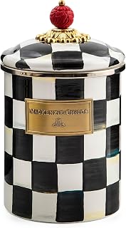 MACKENZIE-CHILDS Medium Enamel Canister, Kitchen Storage Container for Flour and Sugar, 1.42 Liters, Black-and-White Courtly Check