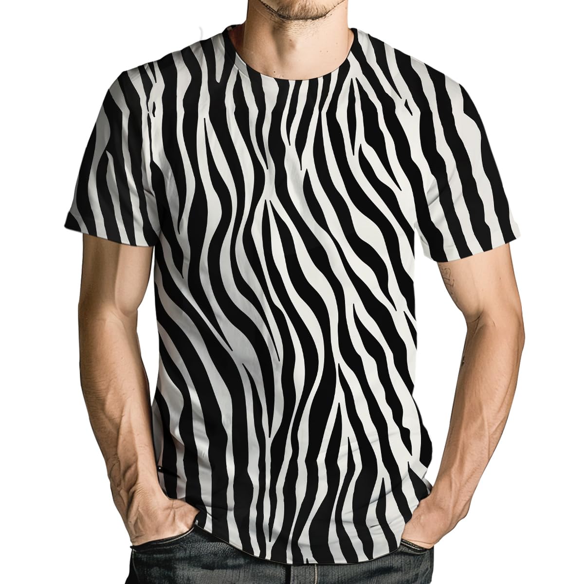 Hurspmr Mens Casual Zebra Print T-Shirts Black and White Stripes Novelty Short Sleeve Zebra T Shirt, Black3, XXXXL