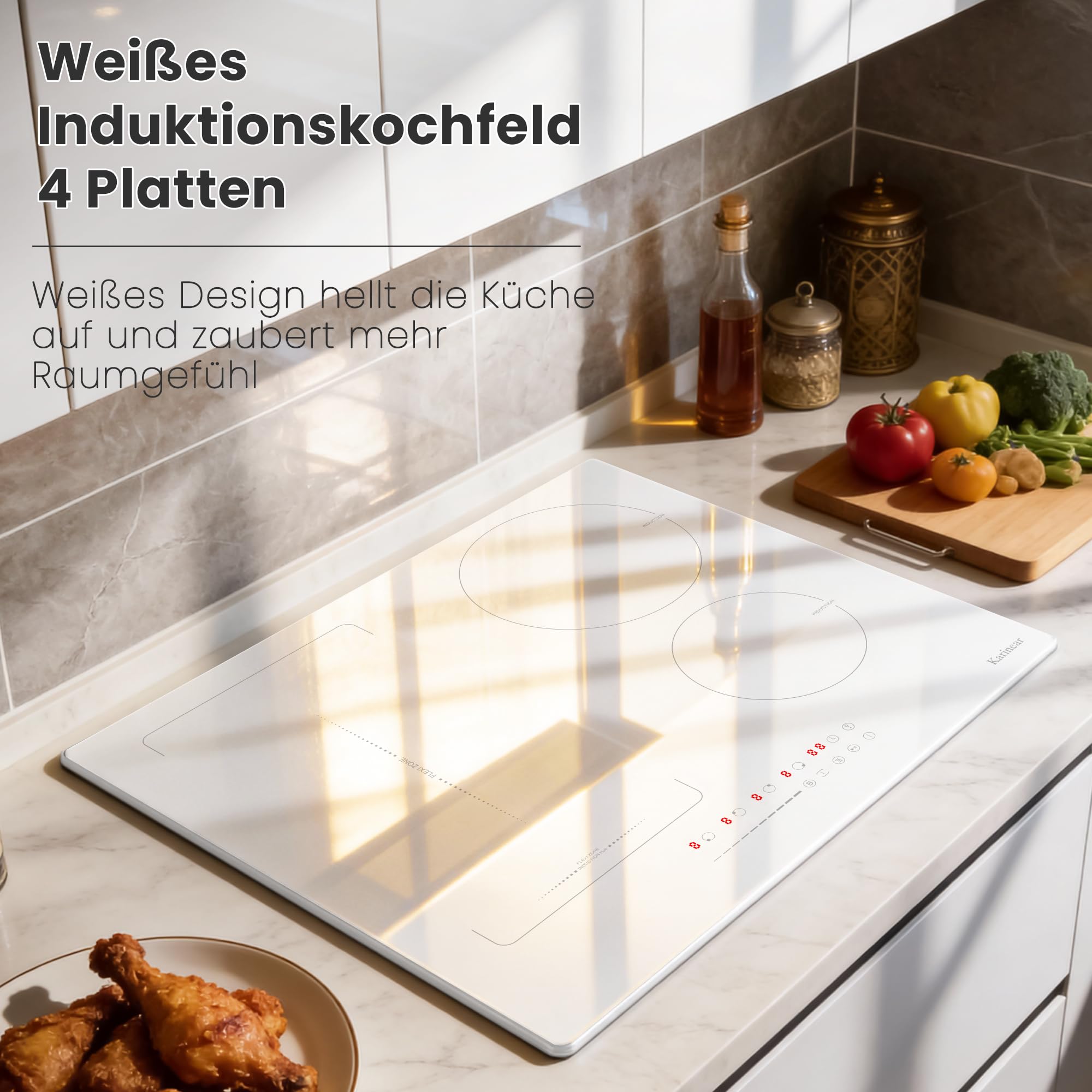 Karinear Piano Cottura Induzione 4 Fuochi, 60cm Piastra Induzione Elettrico con Flessible Zona, 3500W Piano Induzione con Spina, 9 Power Comandi Touch, Blocco di Sicurezza, Timer Lock, Booster, Bianco - 2
