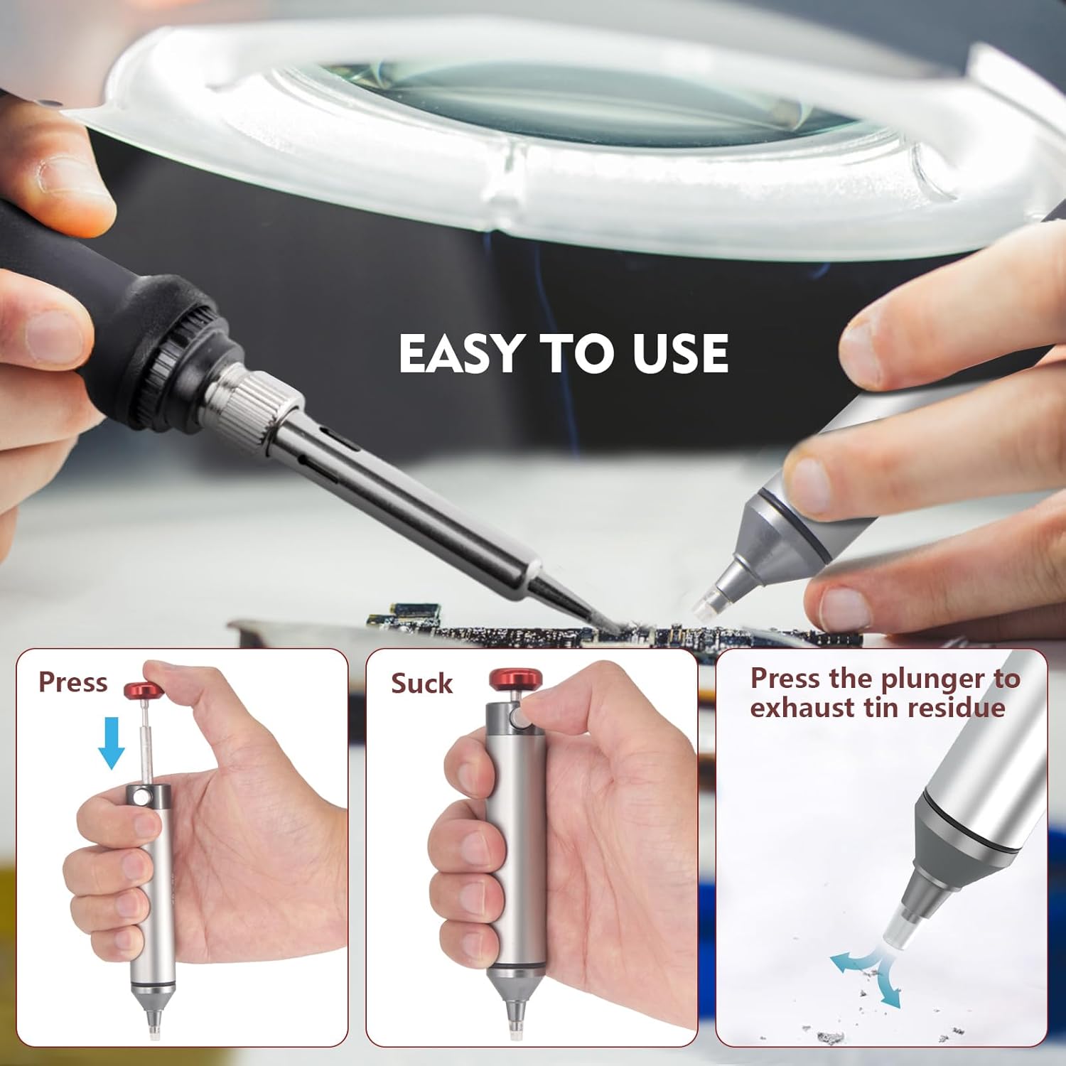 Solder Sucker,HANDSKIT No Clog Desoldering Wick for Solder Removing Heat Resistant Sucking Nozzle Tube Desolder Tool Soldering Pump Strong Vacuum Suction Remover Desolder Gun Solder Iron Cleaner