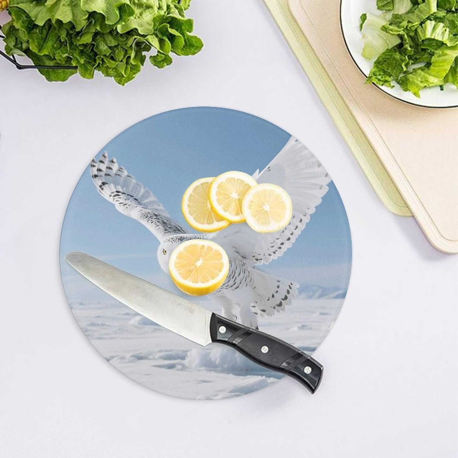 White Snowy Owl Tempered Glass Cutting Board Sturdy Chopping Block Personalized Large Butcher Block Lightweight Round Chopping Mat for Kitchen Non Slip