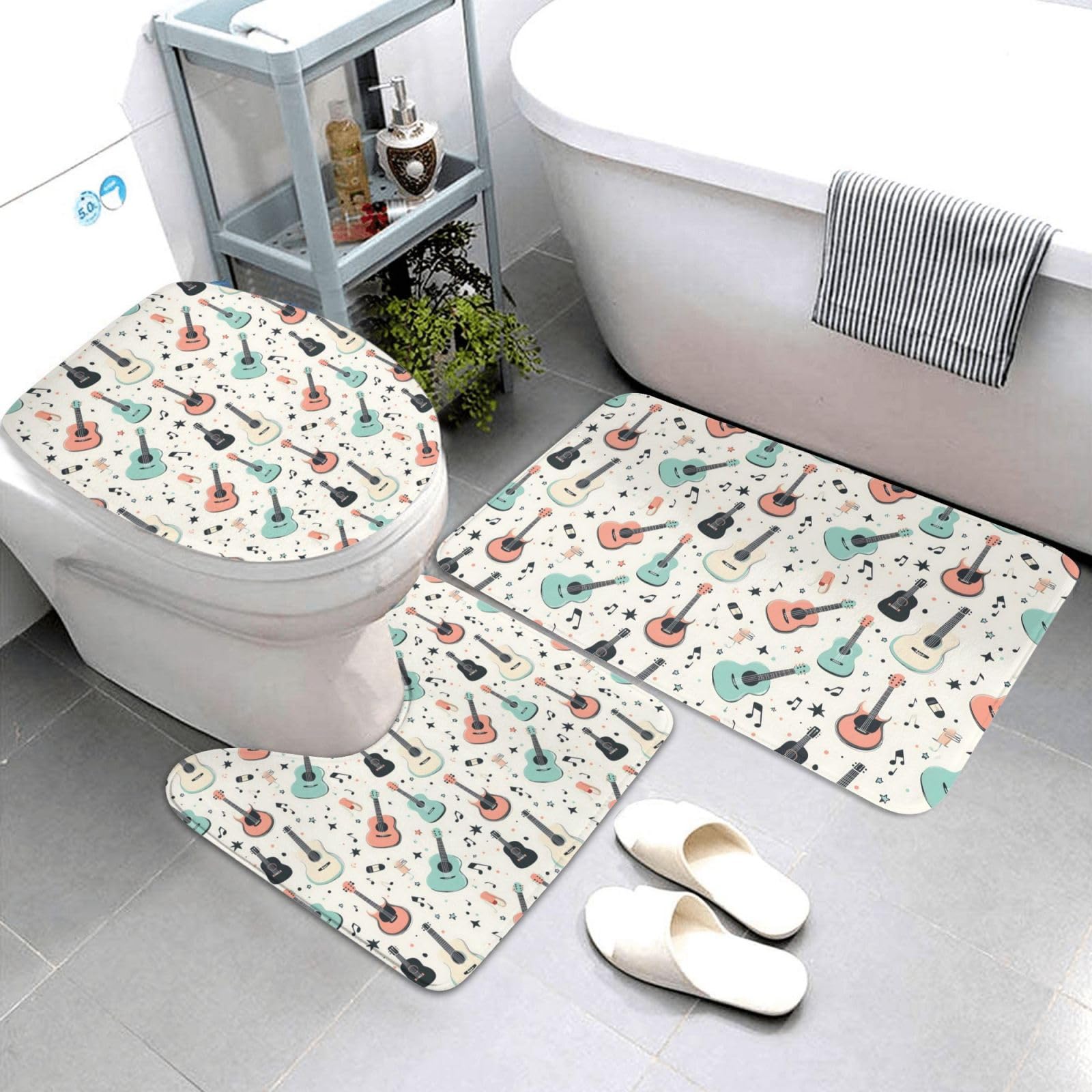 Motif guitare musicale colorée sur tapis de salle de bain haut de gamme lavable