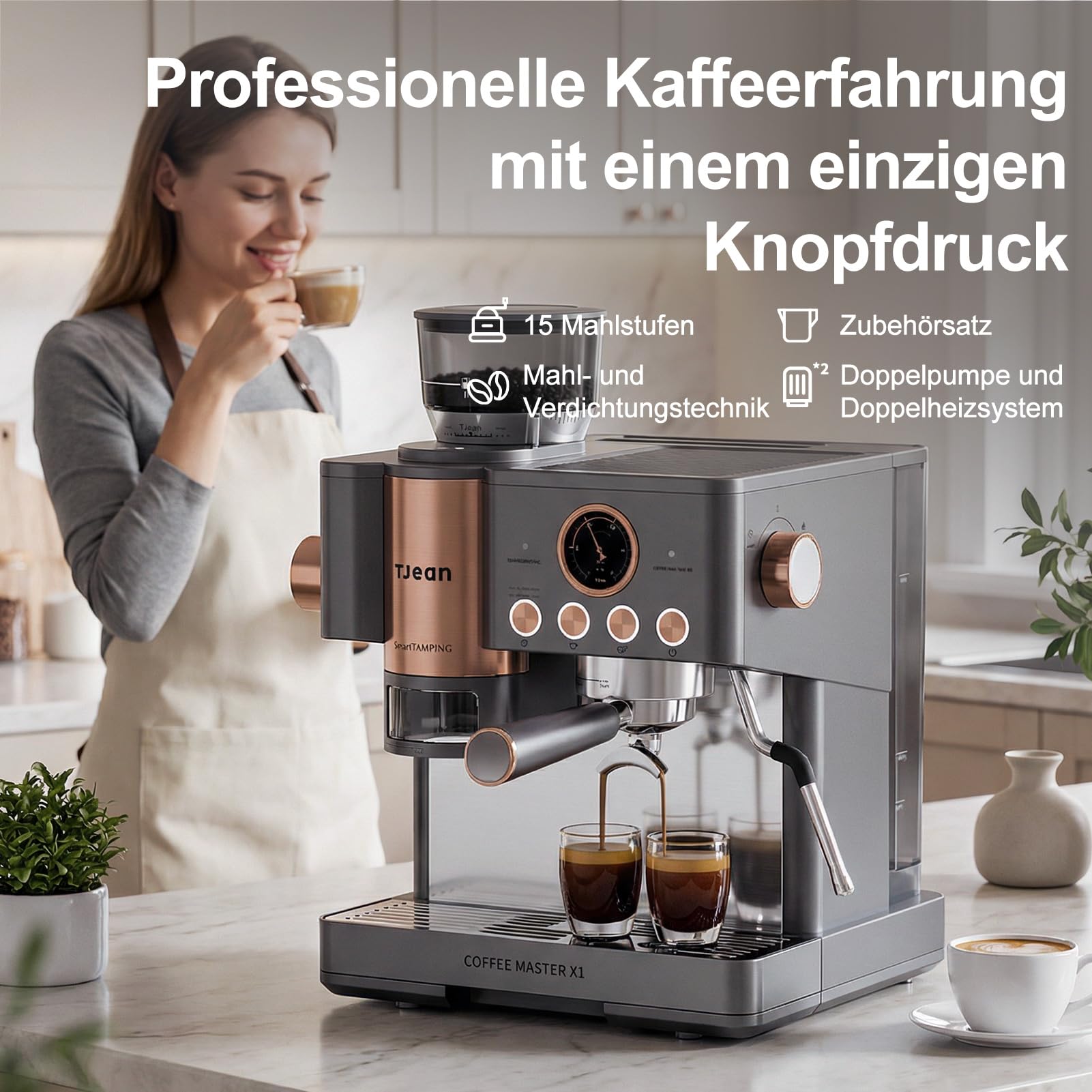 Tjean Barista Senso Doppelboiler Siebträgermaschine mit Mahlwerk und Manuellem Milchschäumer,3-in-1 Dampf-Espressomaschinen,20 Bar ital. Drucksystem,2,8L Wassertank (Grau-Gold)