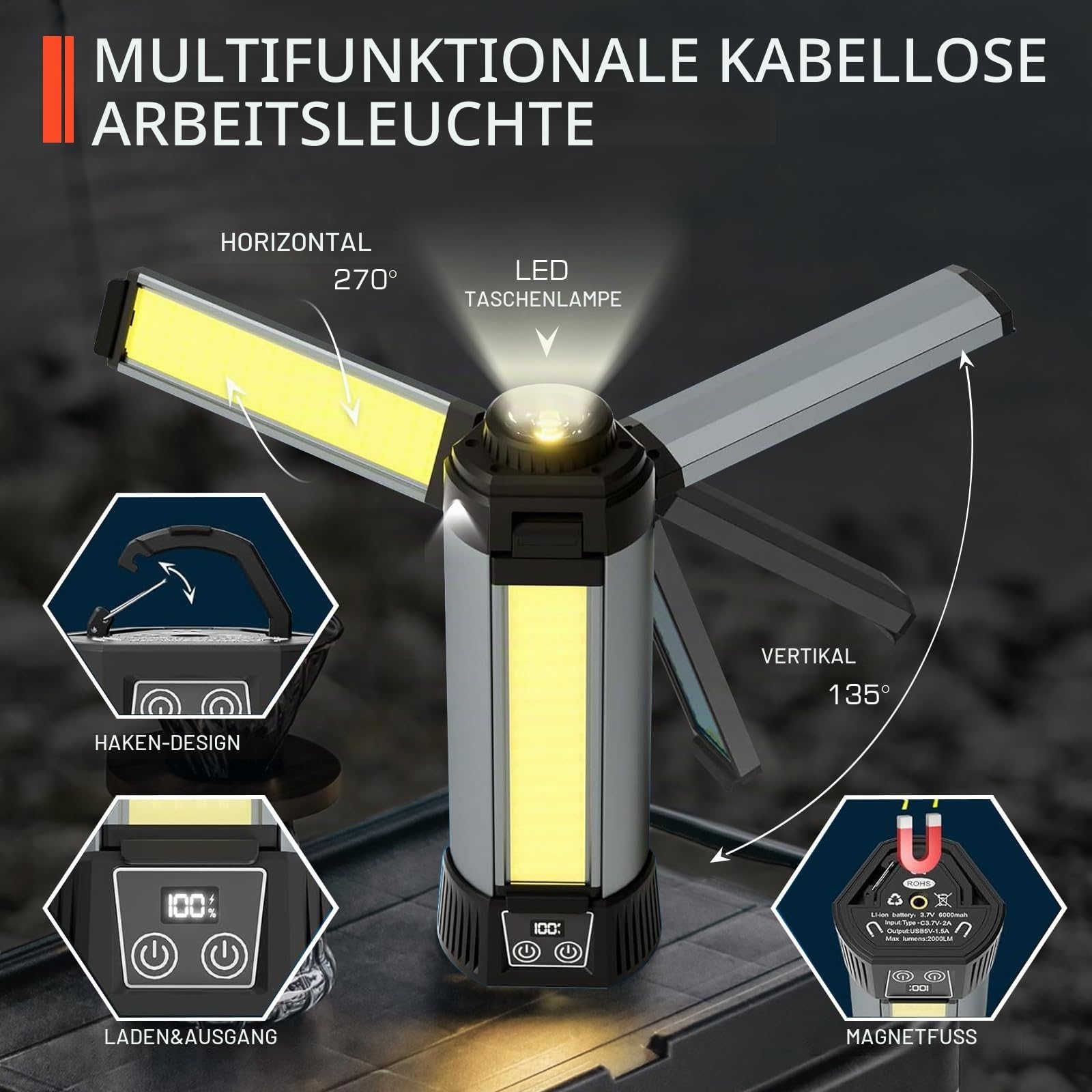Campinglampe mit 6000mAh, 3 Farbtemperaturen Dimmbares,Superhell Suchscheinwerfer,Wiederaufladbare Kabellose Arbeitsleuchte,Mit Ausziehbares Stativ,2000 Lumen,Für Camping Autoreparatur Baustellen Usw