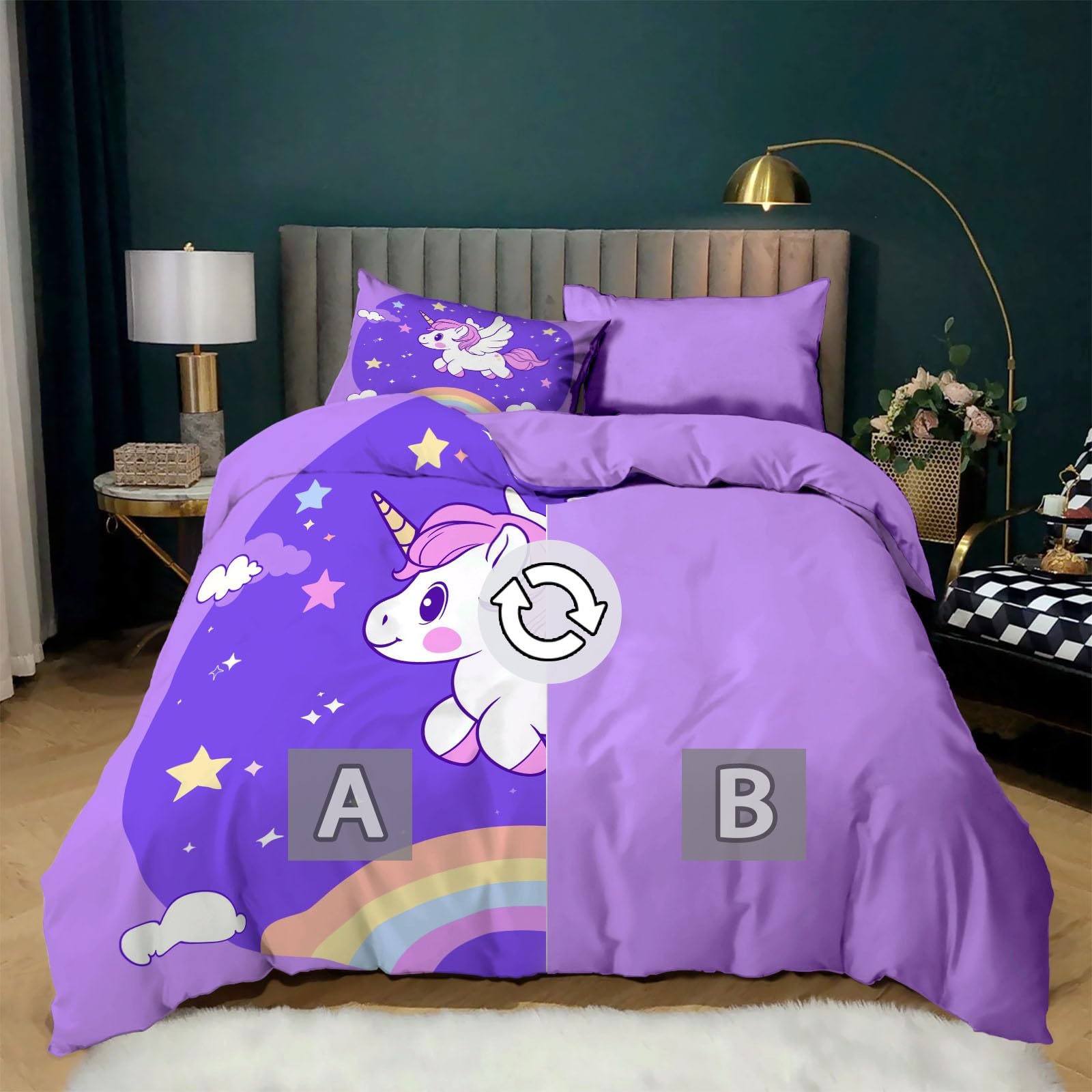Komplet pościeli 240 x 220 cm dla dorosłych chłopców i dziewczynek, wzór tęczowego jednorożca, poszwa na kołdrę 2-osobowa z mikrofibry z zamkiem błyskawicznym, 3-częściowy z 2 poszewkami na