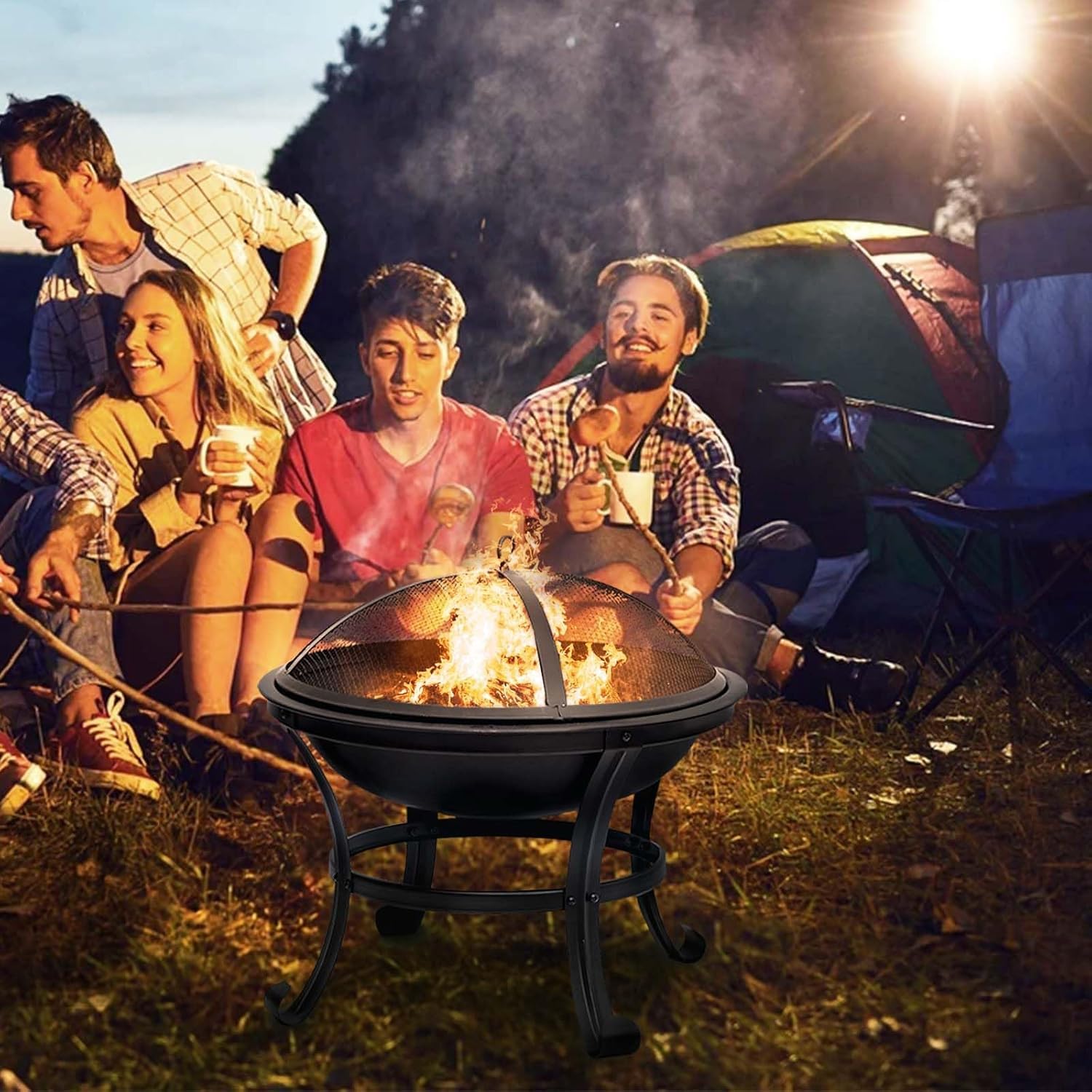 Garpans Feuerschale mit Funkenschutz Ø 55 cm Outdoor Feuerstelle Feuerkorb für Heizung Fire Pit Garten Camping Terrasse Schwarz