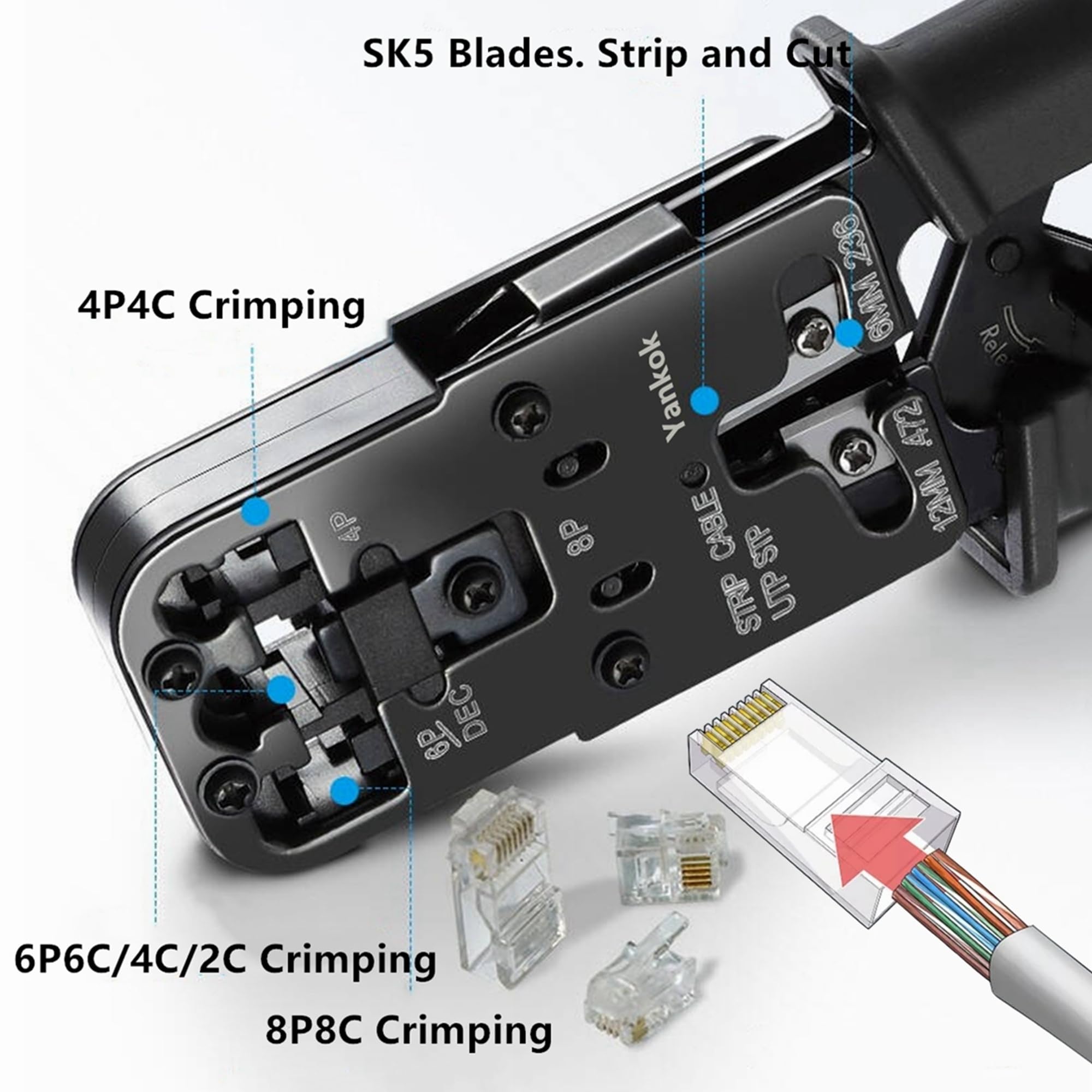 Yankok Modułowa zaciskarka wtykowa HT-022: zaciskane złącza RJ45 8P8C RJ12 RJ11 6P6C/4C/2C, RJ10 i RJ9 4P4C/2C, cięcie taśmowe i testowe kable Ethernet z testerem kabli