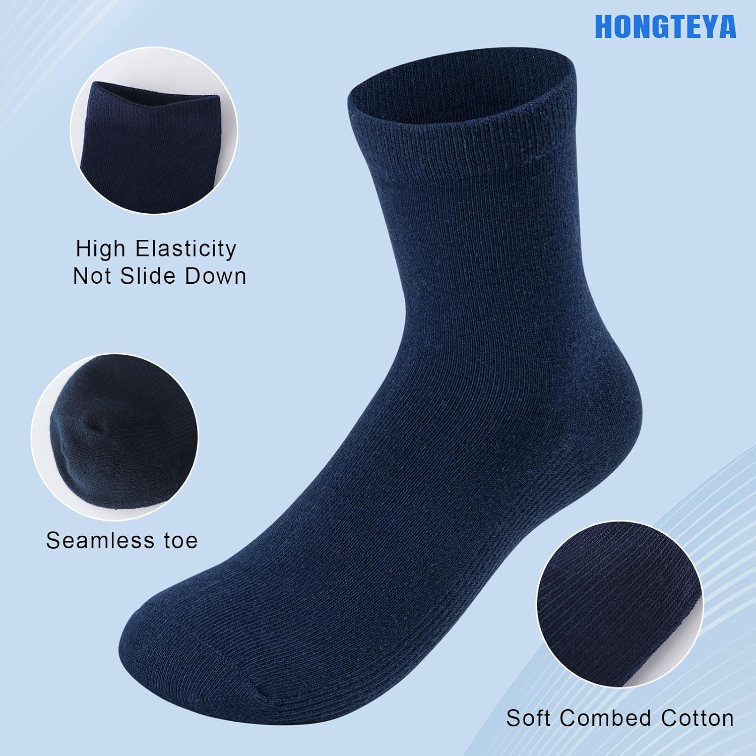 HONGTEYA 6 Pairs Kids Crew Socks School Uniform Dress Socks for Boys Girls Seamless Toe Crew Black White Navy 4-10 Years image 4