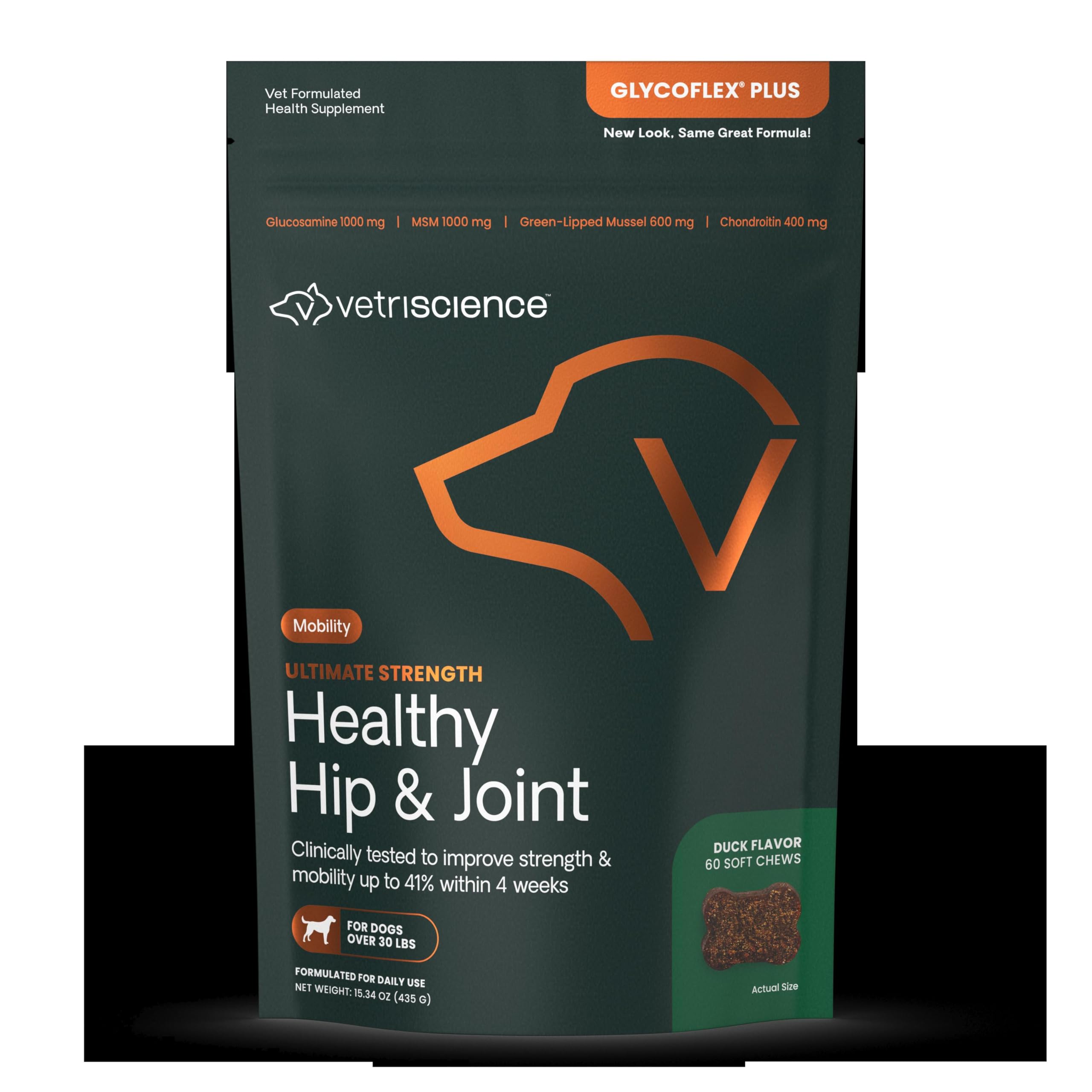 VetriScience GlycoFlex Ultimate Strength Healthy Hip & Joint Glucosamine Supplements for Dogs, with MSM, Chondroitin & Green-Lipped Mussel, Soft Chews, Duck, 60 Count - New Look