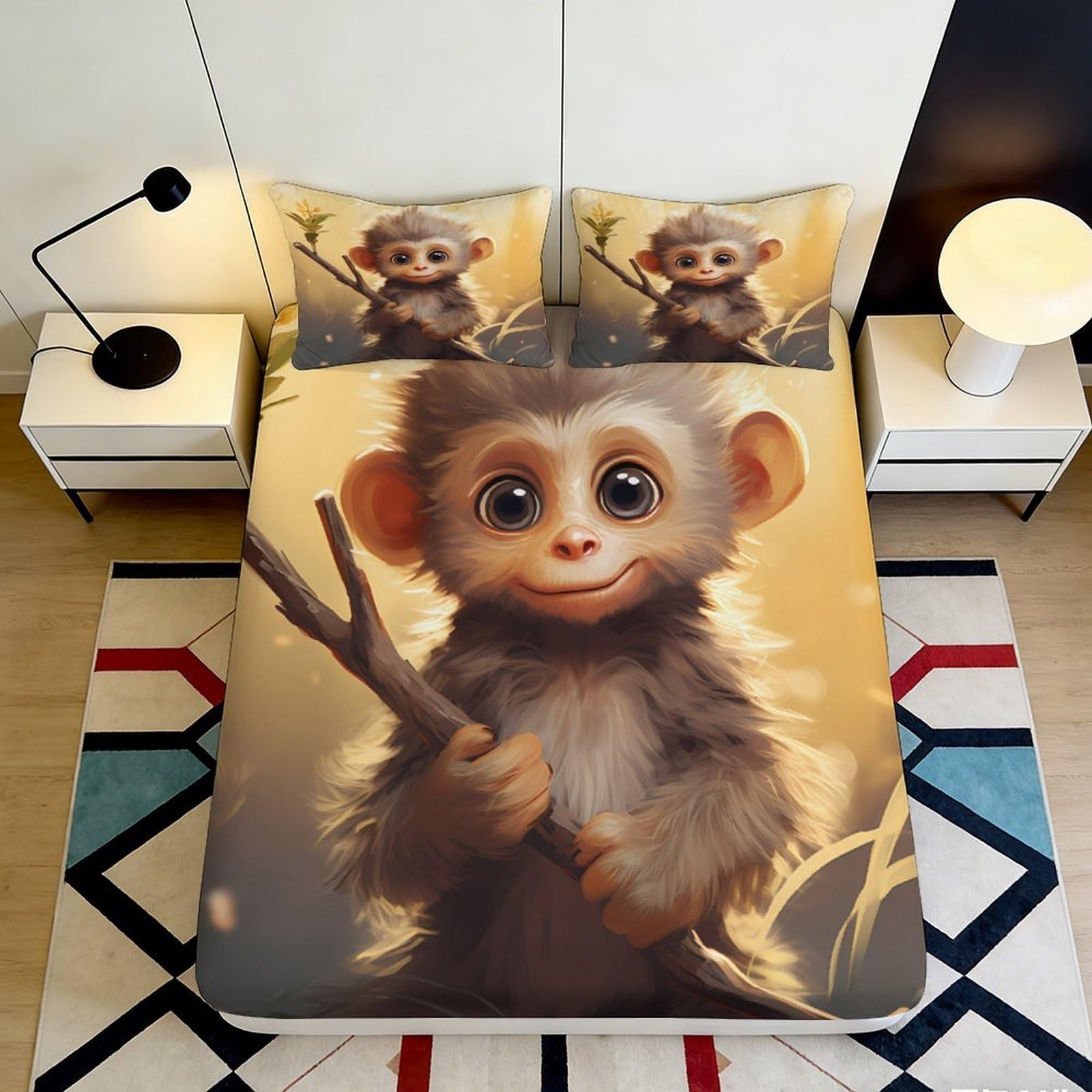 3D Printed Cartoon Monkey Fitted Sheet Microfiber Deep Pocket Non-Slip Bedroom Bedding Monkey Mattress Fitted Cover for Adults Teens 200x200x25cm 90x200x25cm