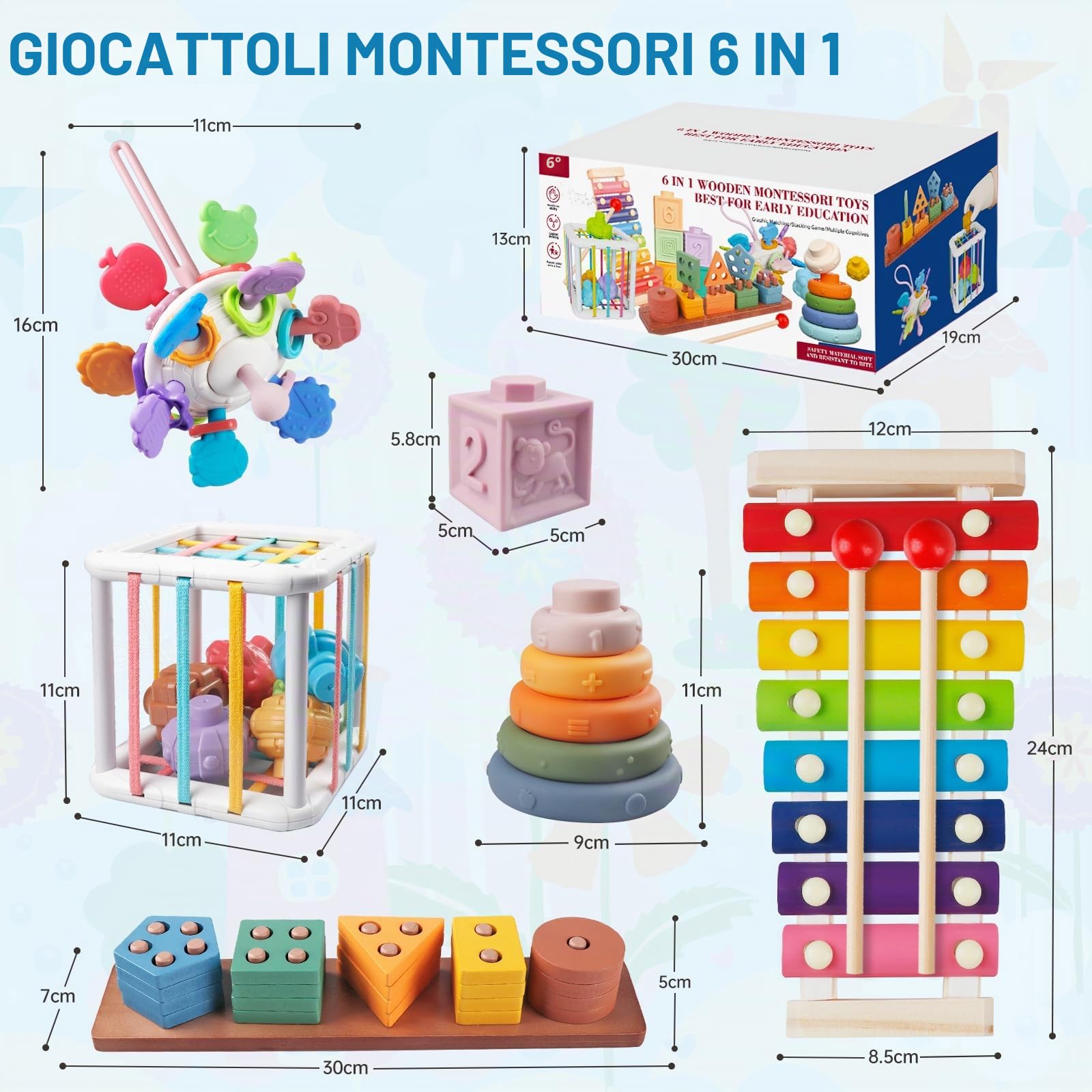 Giochi Montessori 18+ Mesi,6 in 1 Gioco Neonati Bambini, Forme Sensoriali, Ordinazione e Impilazione, Impilazione Blocchi, Sonagli, Giochini Regalo Bambino e Bambina 18 Mesi 2 3 Anno